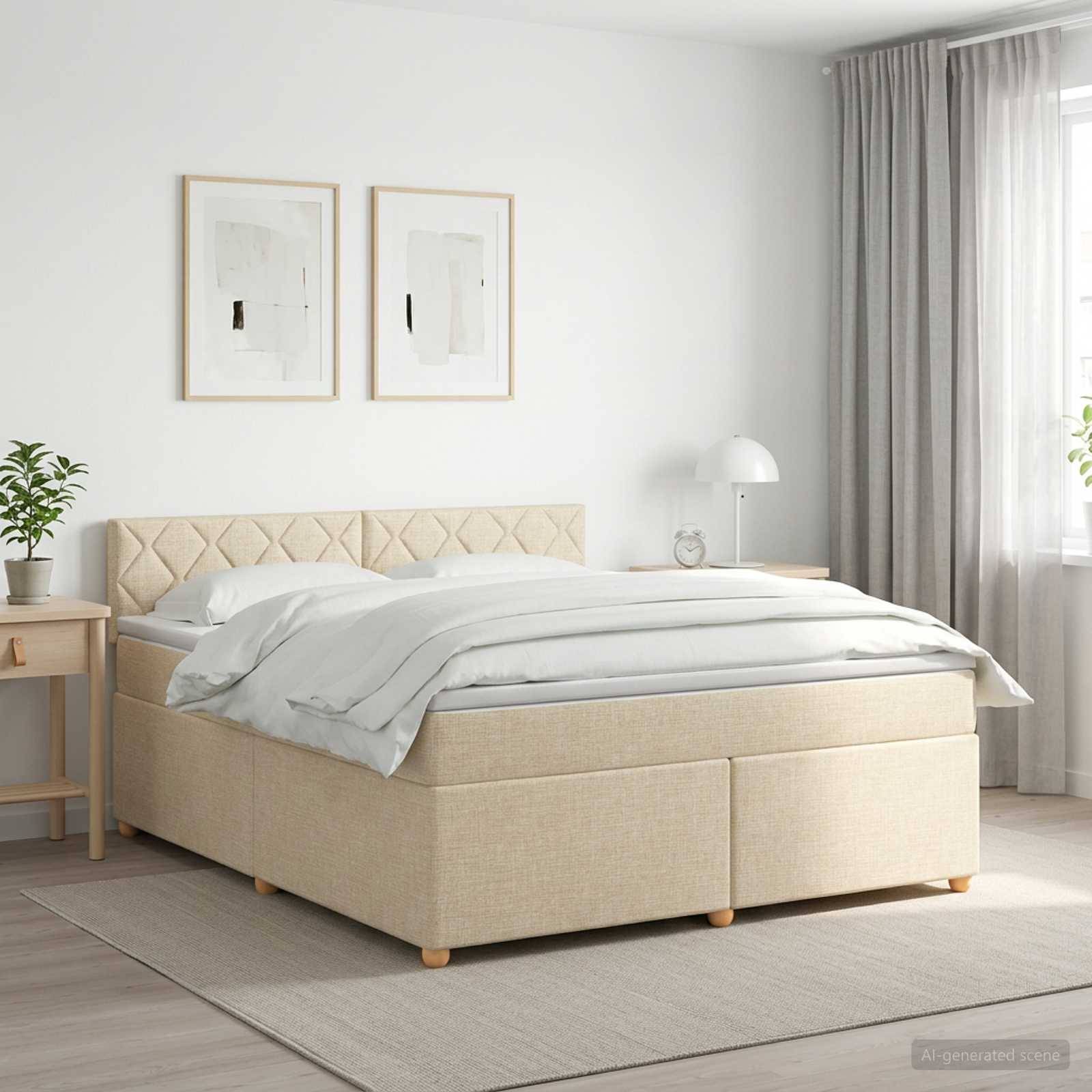 Helles, minimalistisches Schlafzimmer mit einem beigen gepolsterten Bett, weißer Bettwäsche, gerahmten Wandbildern, Nachttischen, Lampe, Pflanze und großem Fenster mit Vorhängen.