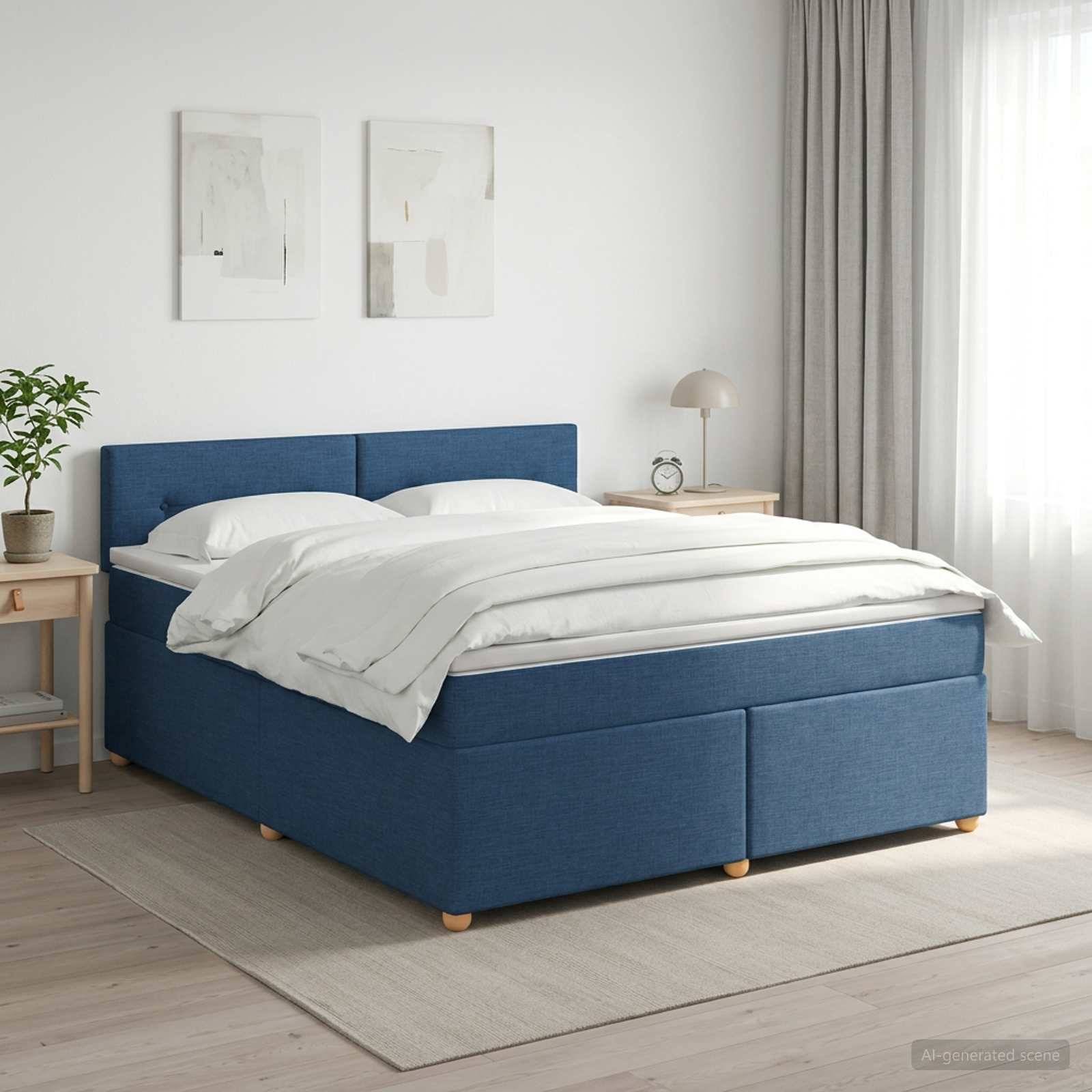 Bett mit blauem Polsterstoff und weißer Bettwäsche in einem hellen, minimalistischen Schlafzimmer neben einem Fenster, Nachttisch, Lampe und Wandkunst.