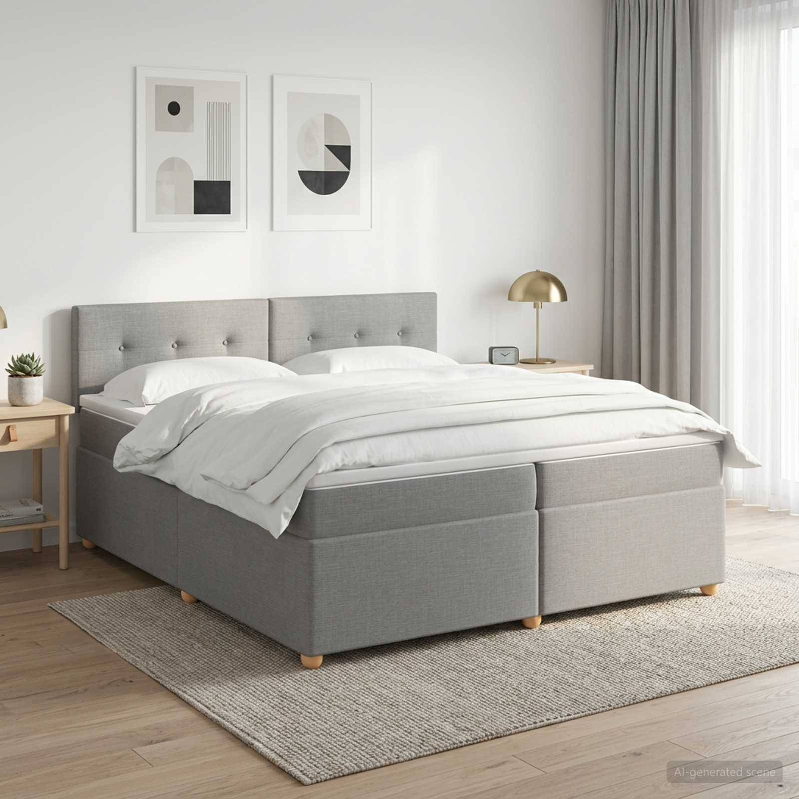 Modernes Schlafzimmer mit einem grau gepolsterten Bett, weißer Bettwäsche, Nachttischlampen, gerahmten Wandbildern und einem hellen Teppich neben einem hellen Fenster.