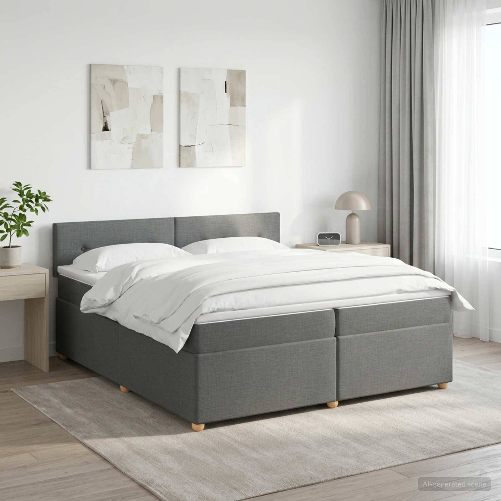 Modernes grau gepolstertes Bett mit weißer Bettwäsche in einem hellen minimalistischen Schlafzimmer, flankiert von kleinen Nachttischen, Vorhängen und Wandkunst.