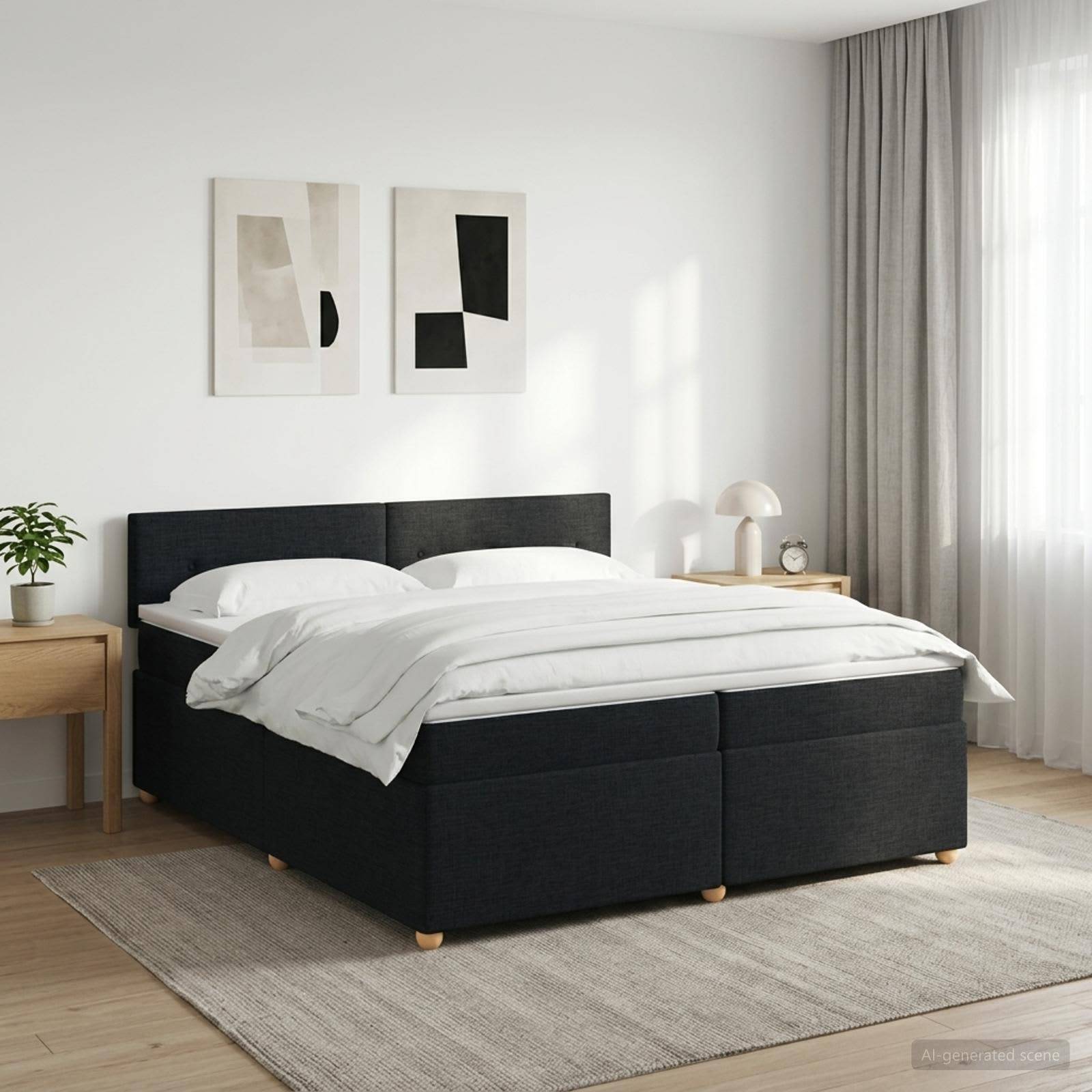 Modernes Schlafzimmer mit einem schwarzen gepolsterten Bett, weißer Bettwäsche, Nachttischen, abstrakter Wandkunst und sanftem Naturlicht durch Vorhänge.