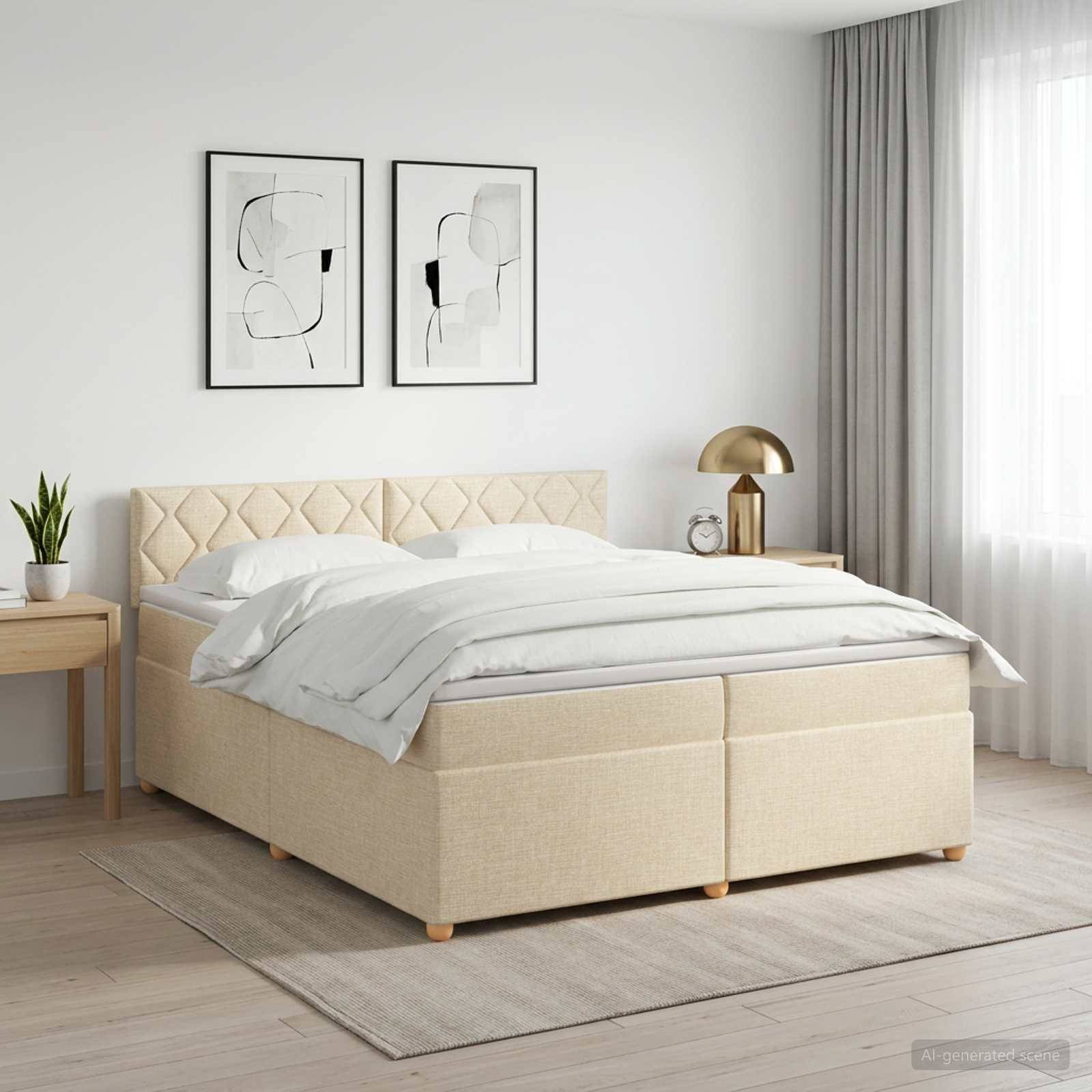 Helles modernes Schlafzimmer mit einem beigen Polsterbett, weißer Bettwäsche, gerahmter abstrakter Kunst, Nachttisch, Lampe, Pflanze und transparenten Vorhängen.