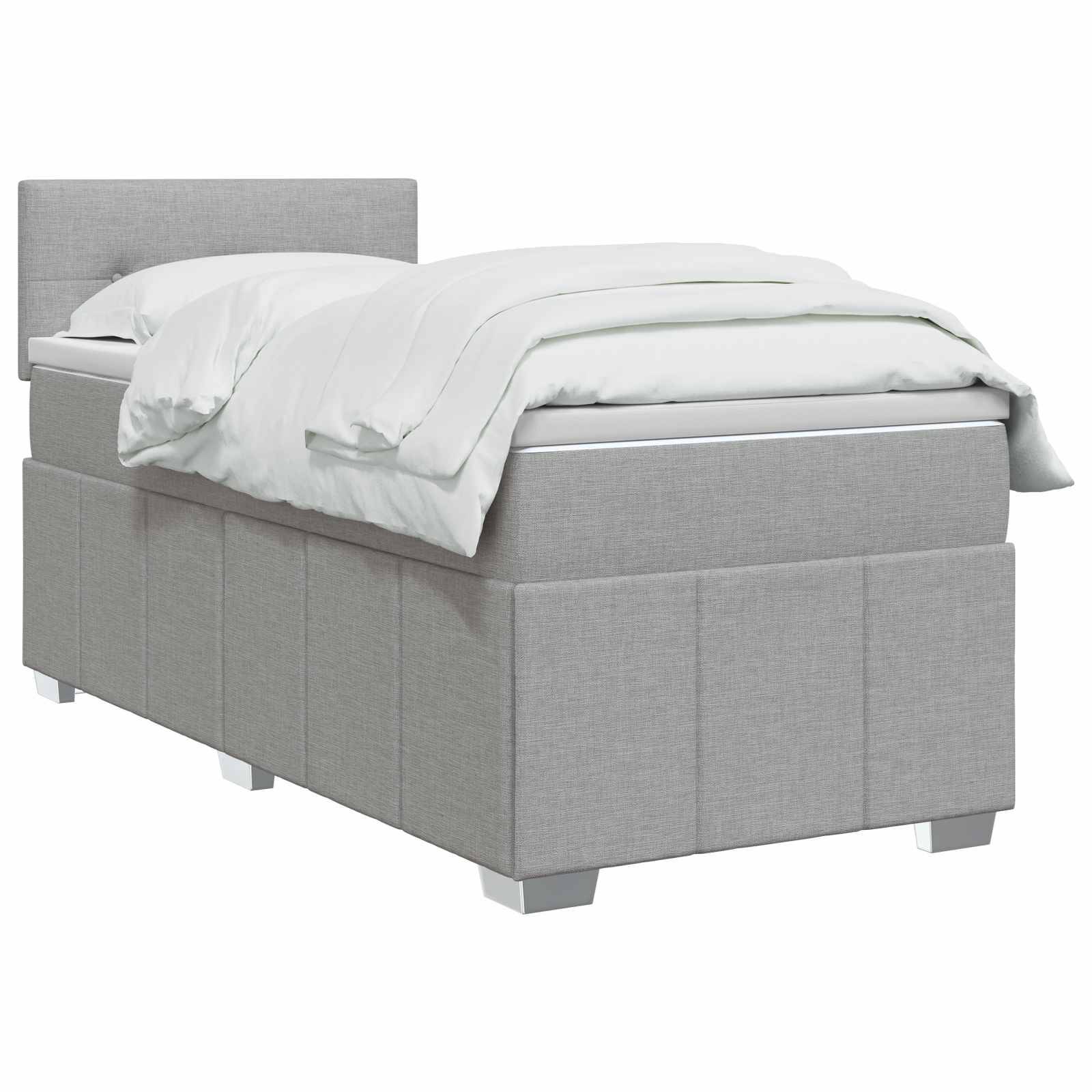 Grau gepolstertes Einzelbett mit weißer Bettwäsche auf neutralem weißem Hintergrund, dargestellt in einer Produktansicht.