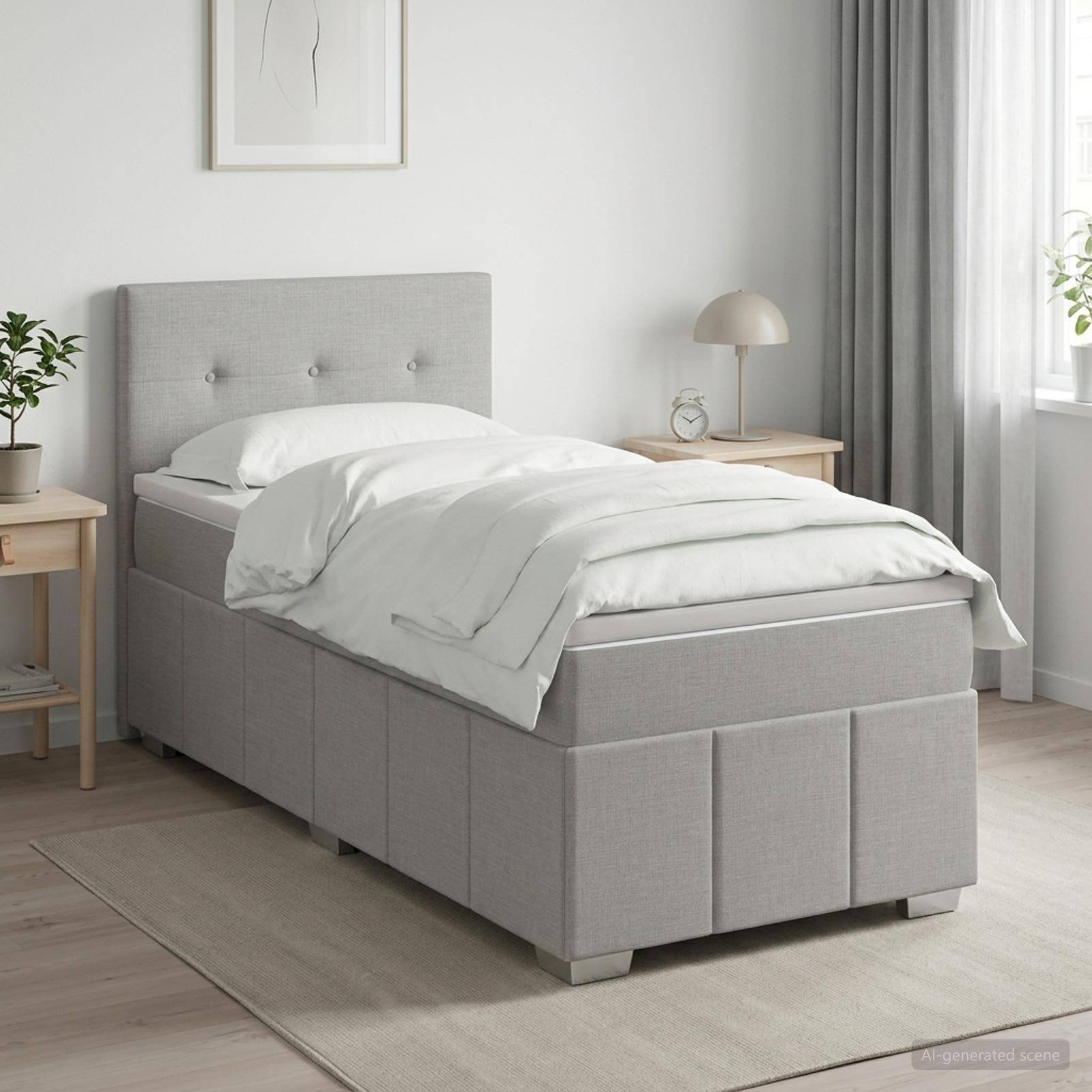 Ein sauber gemachtes, hell grau gepolstertes Bett in einem hellen minimalistischen Schlafzimmer mit weißer Bettwäsche, Nachttischen, Lampe und Fenstervorhängen.