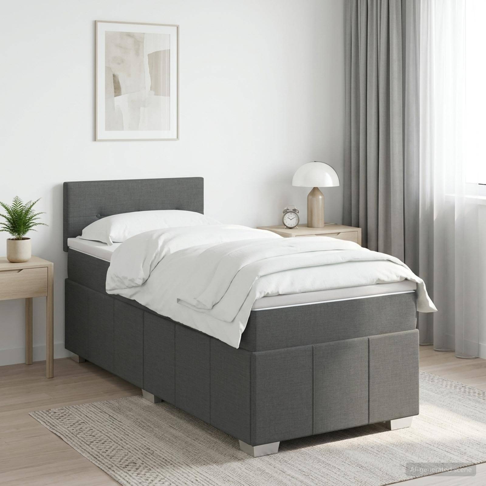 Modernes Schlafzimmer mit einem grau gepolsterten Einzelbett mit weißer Bettwäsche, flankiert von Nachttischen, Lampe, Pflanze und durchsichtigen Vorhängen.