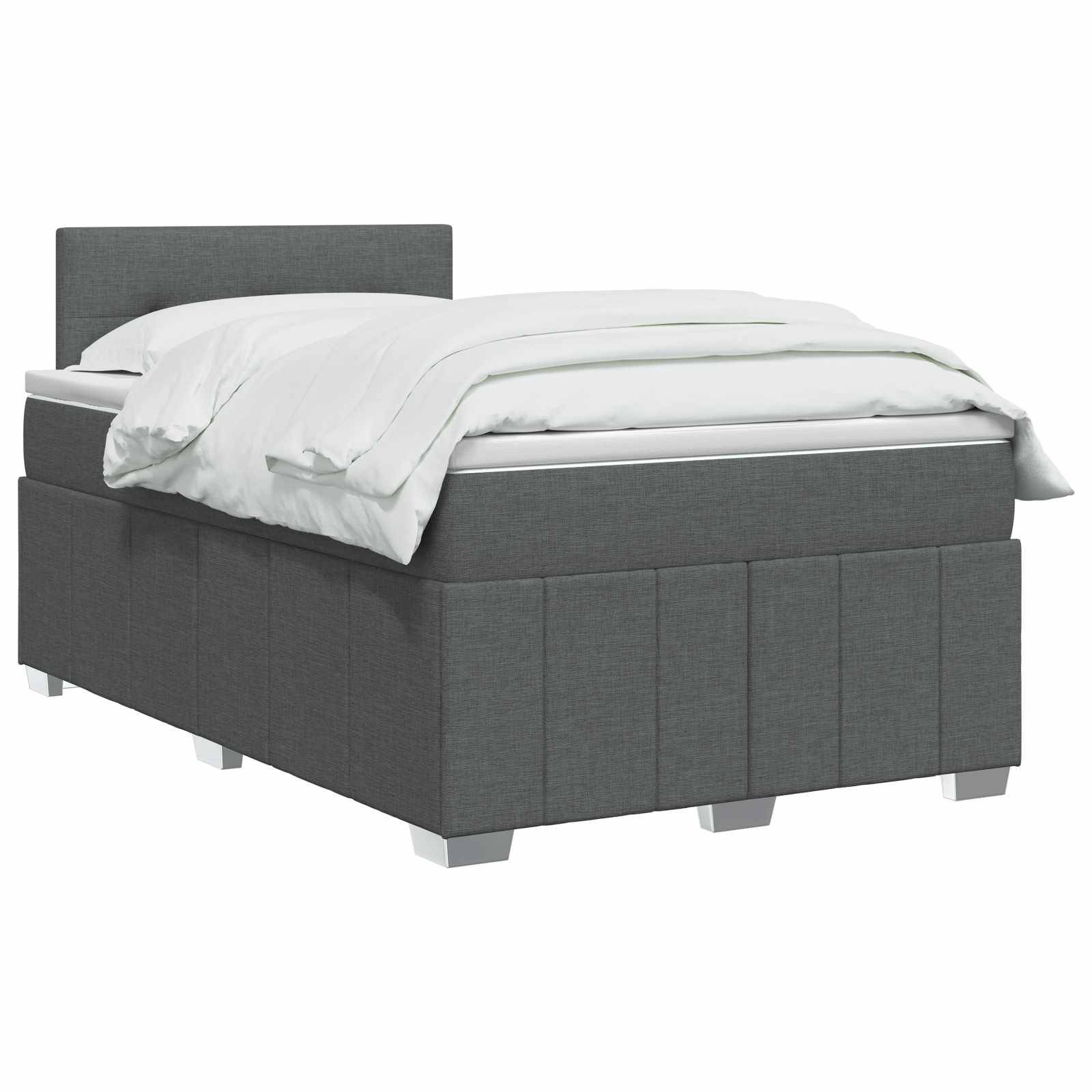 Grau gepolstertes Bett mit weißer Bettwäsche auf einfachem weißem Hintergrund, dargestellt als Produktfoto.
