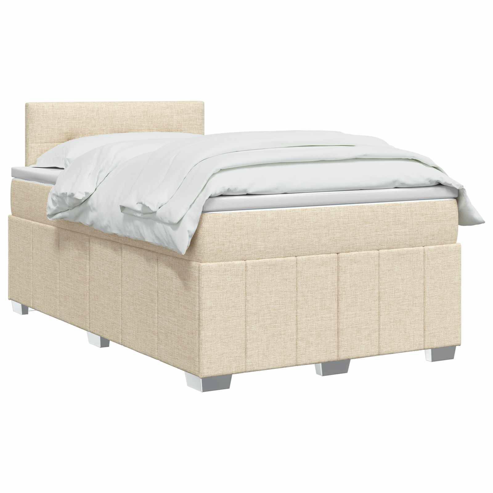Beige gepolstertes Einzelbett mit Kopfteil, weiße Bettwäsche, auf neutralem weißem Hintergrund abgebildet.