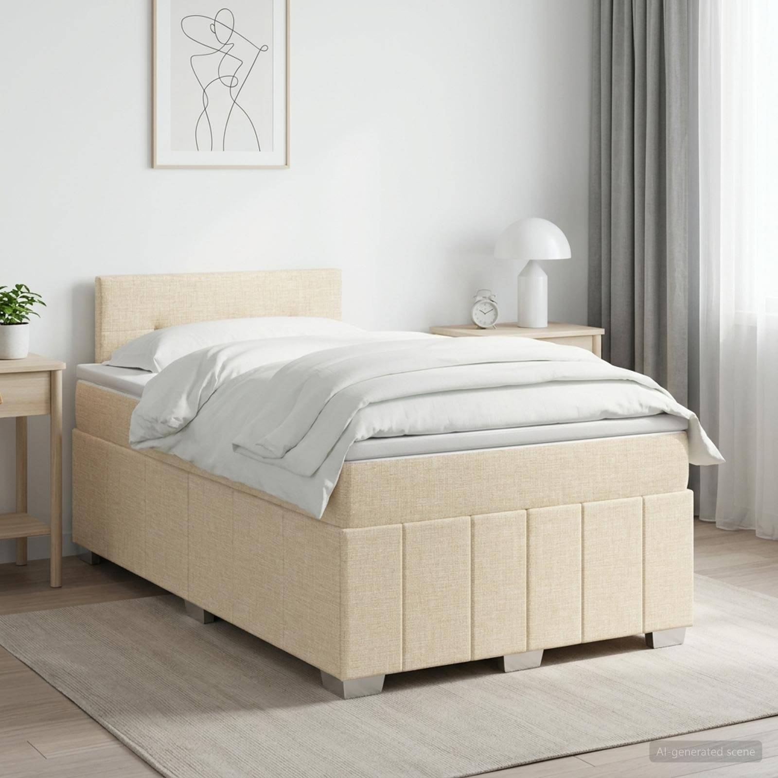 Minimales Schlafzimmer mit beigem Polsterbett, weißer Bettwäsche, Nachttischen und einer Lampe in einem hellen, modernen Interieur.