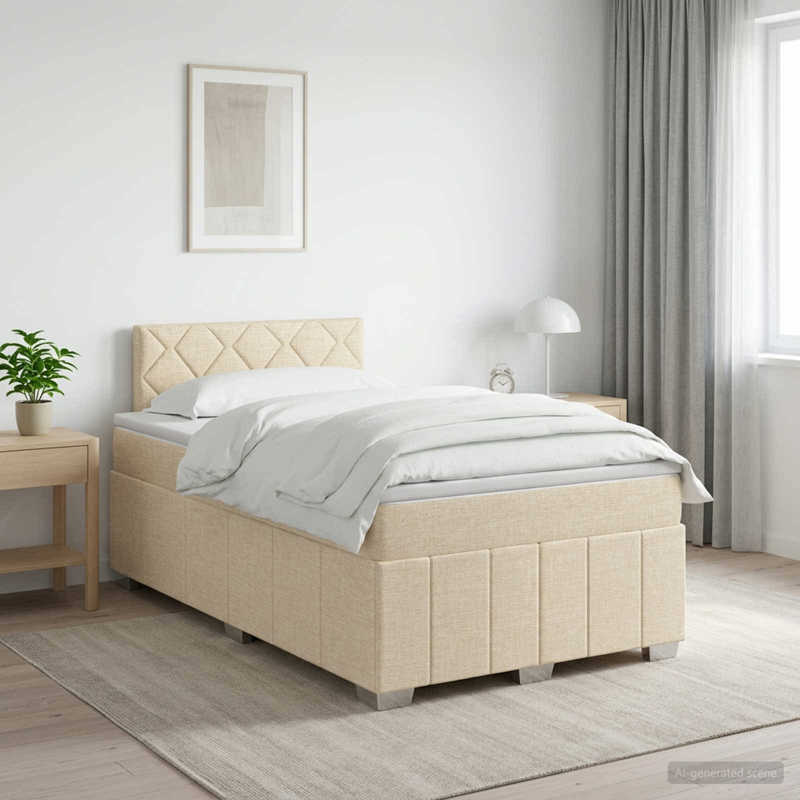 Helles modernes Schlafzimmer mit einem beige gepolsterten Bett, weißer Bettwäsche, Nachttischen, Lampe, Pflanze und Fenster mit Vorhängen.