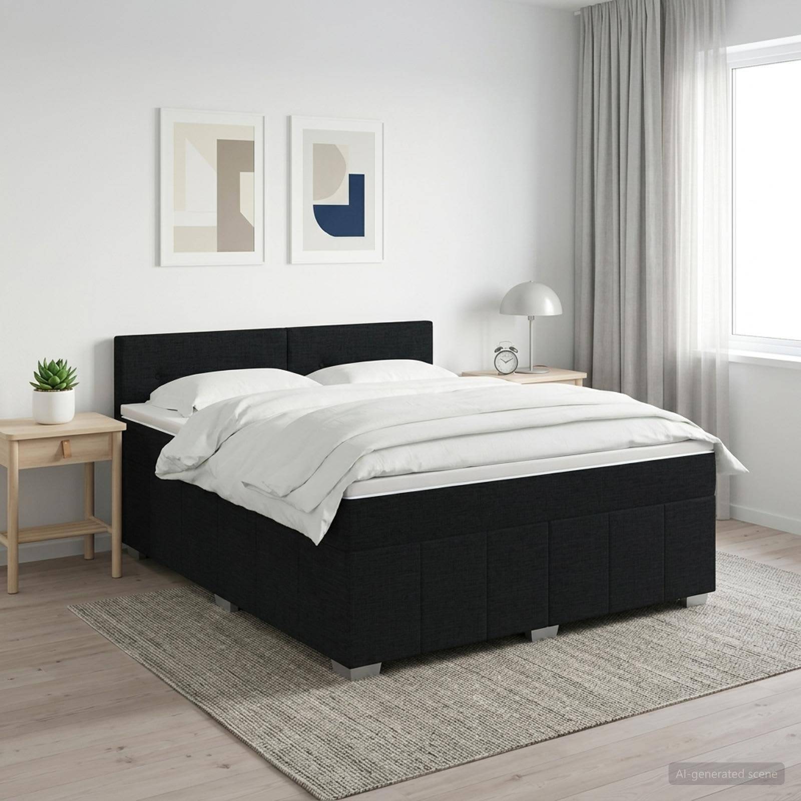 Minimalistisches Schlafzimmer mit einem schwarz gepolsterten Bett, weißer Bettwäsche, Nachttischen, gerahmten Wandbildern und einem Fenster mit Vorhängen.