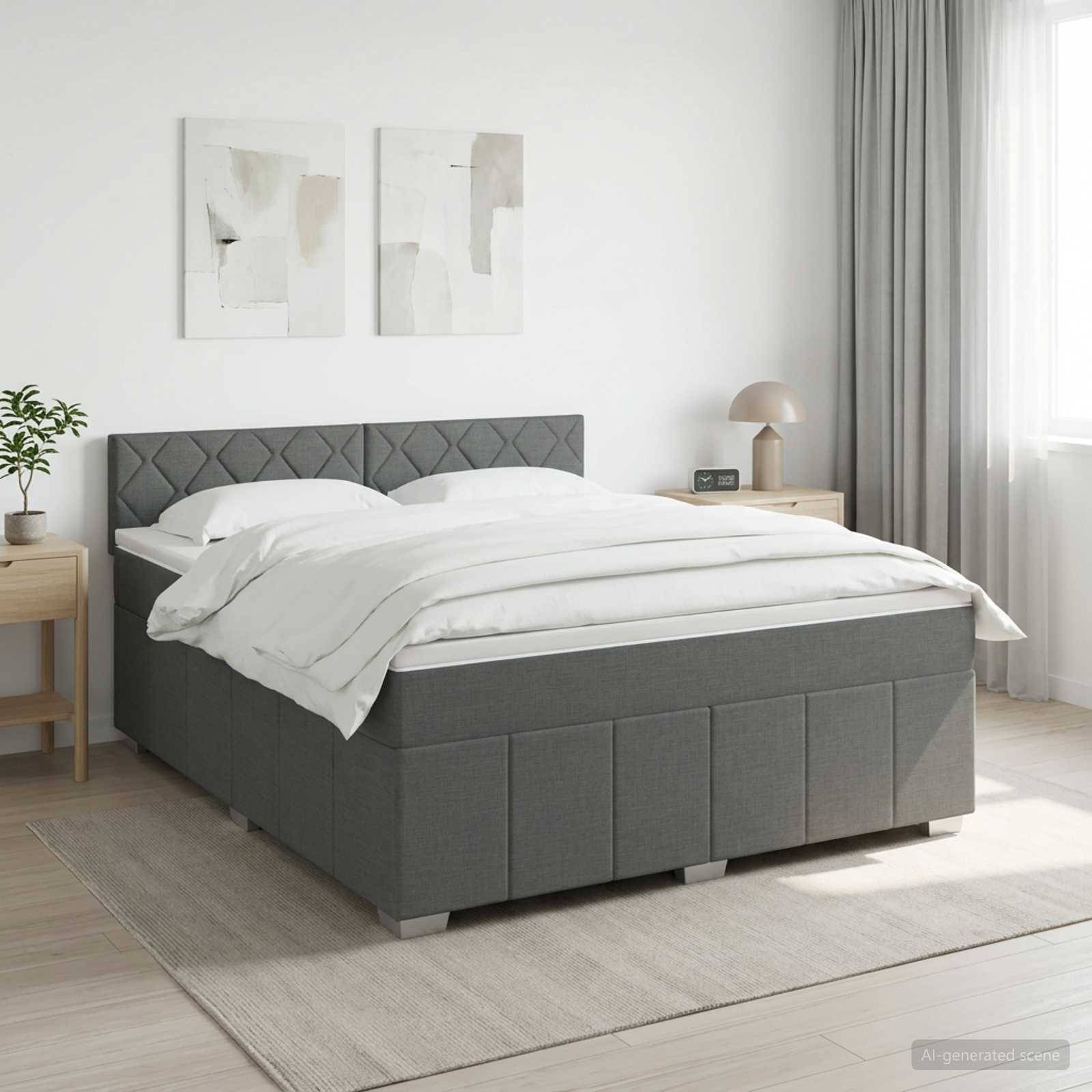 Modernes Schlafzimmer mit einem grau gepolsterten Bett, das mit weißer Bettwäsche bezogen ist, flankiert von kleinen Nachttischen, neben einem hellen Fenster und neutraler Wandkunst.