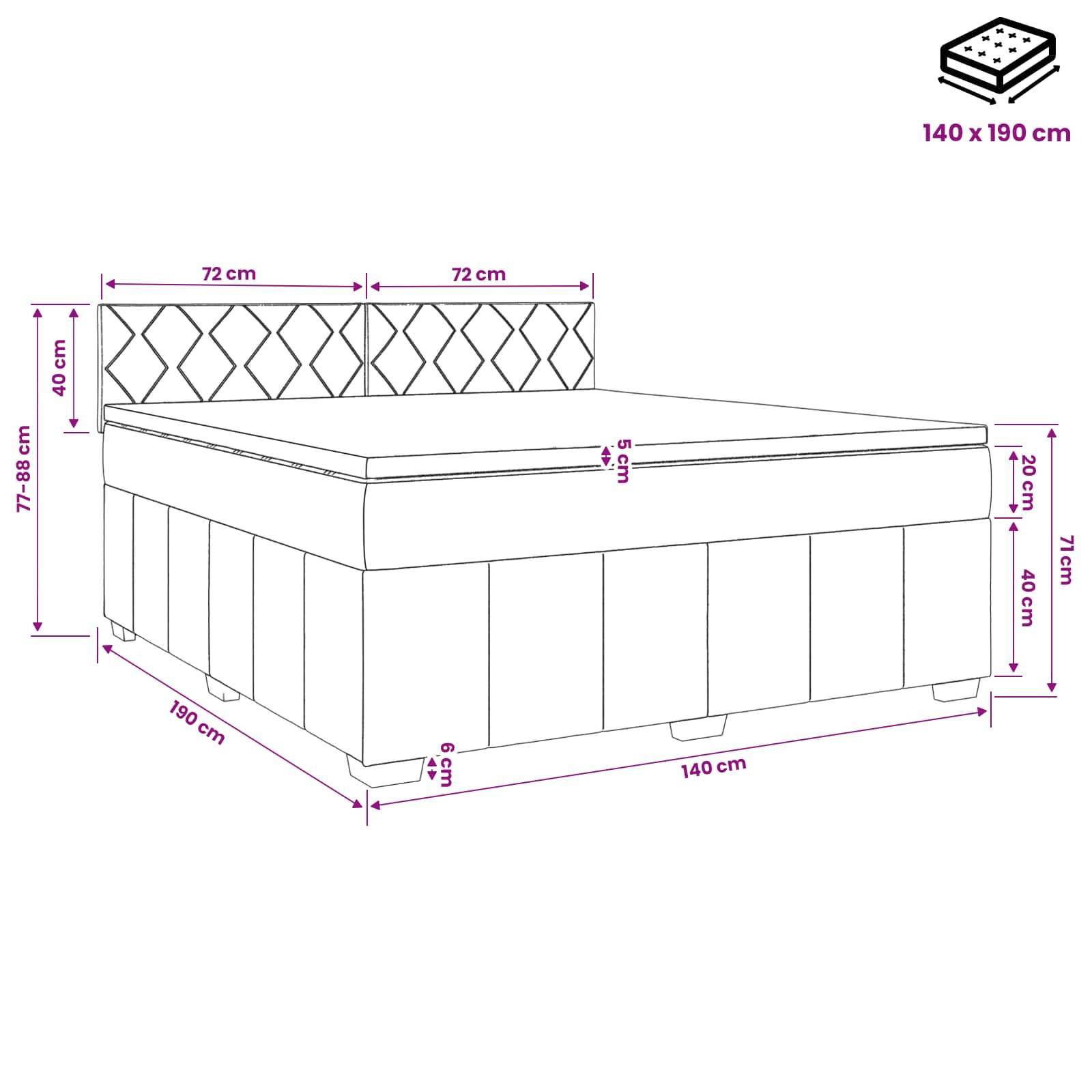 Beschriftetes Diagramm eines Bettes mit Stauraum, das die Abmessungen für eine 140 x 190 cm Matratze und die Gesamthöhe, Breite und Tiefe des Bettes zeigt.