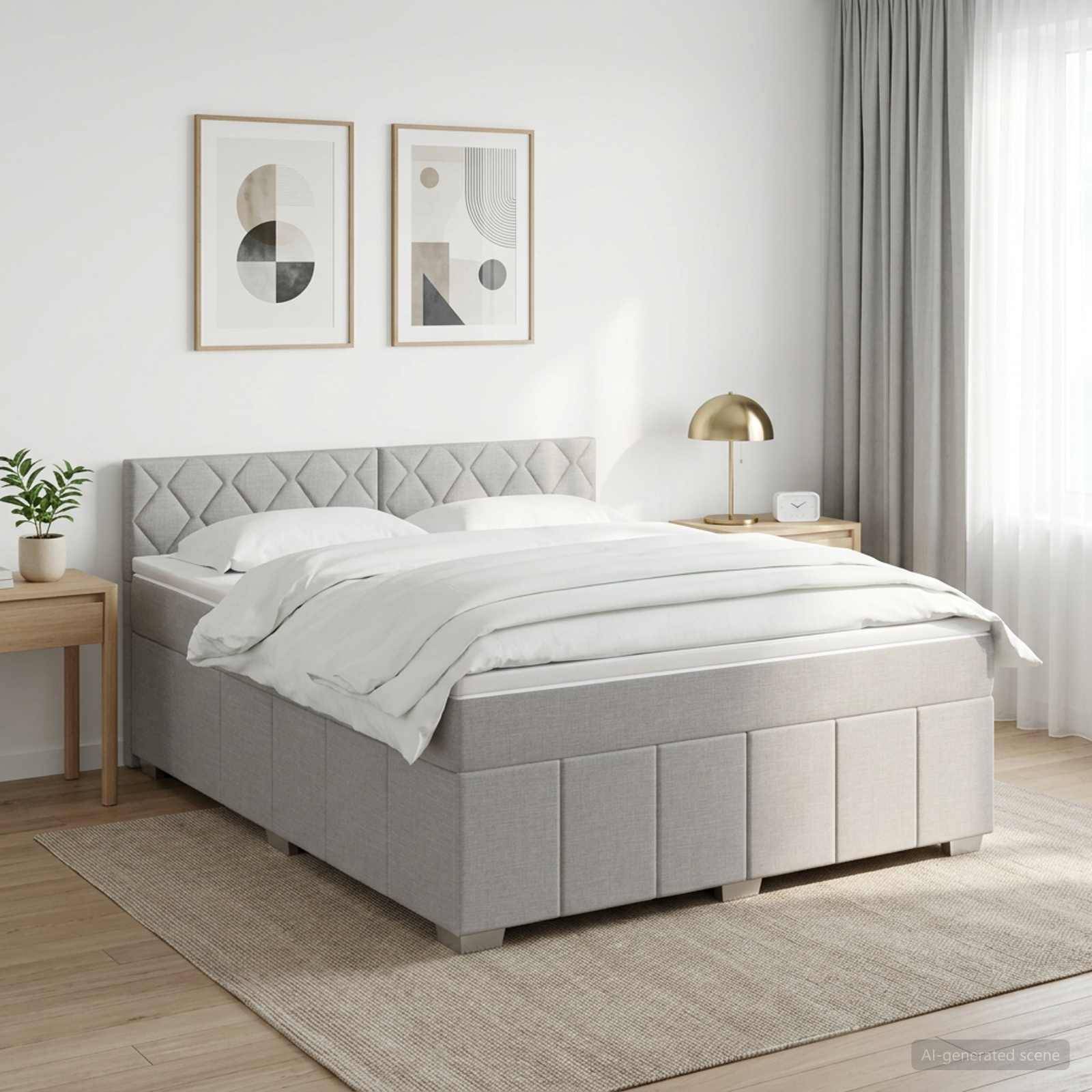 Ein modernes gepolstertes Bett mit weißer Bettwäsche in einem hellen minimalistischen Schlafzimmer, flankiert von kleinen Nachttischen, Wandkunst in Rahmen, einer Lampe und durchsichtigen Vorhängen.