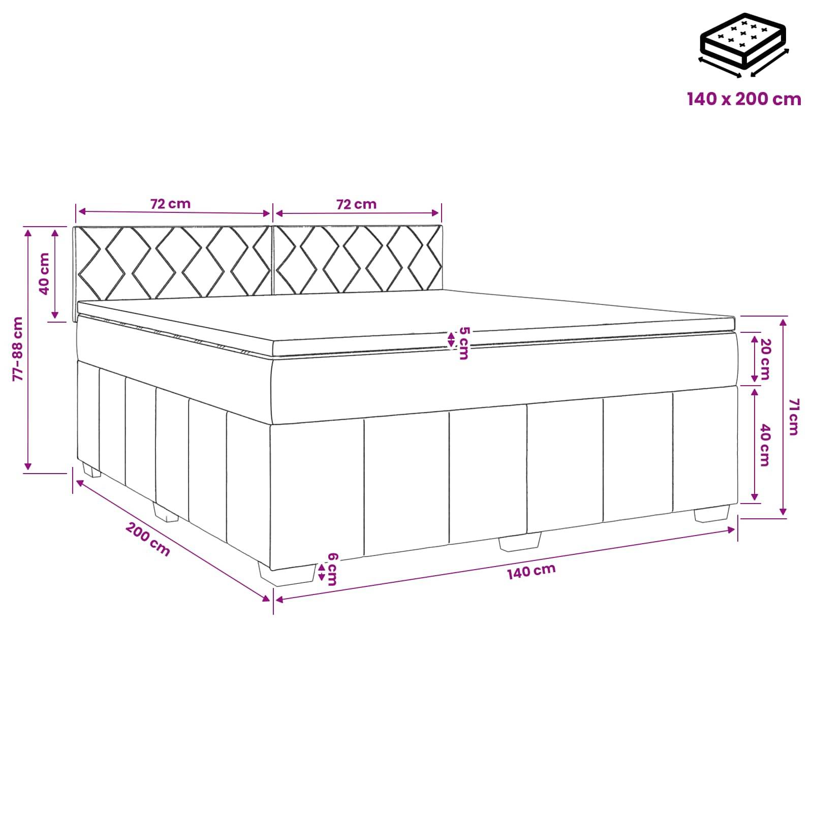 Diagramm eines Bettes mit Stauraum und Kopfteil, beschriftet mit Abmessungen: 140 x 200 cm Matratzenformat, 200 cm Länge, 140 cm Breite, 77-83 cm Höhe.
