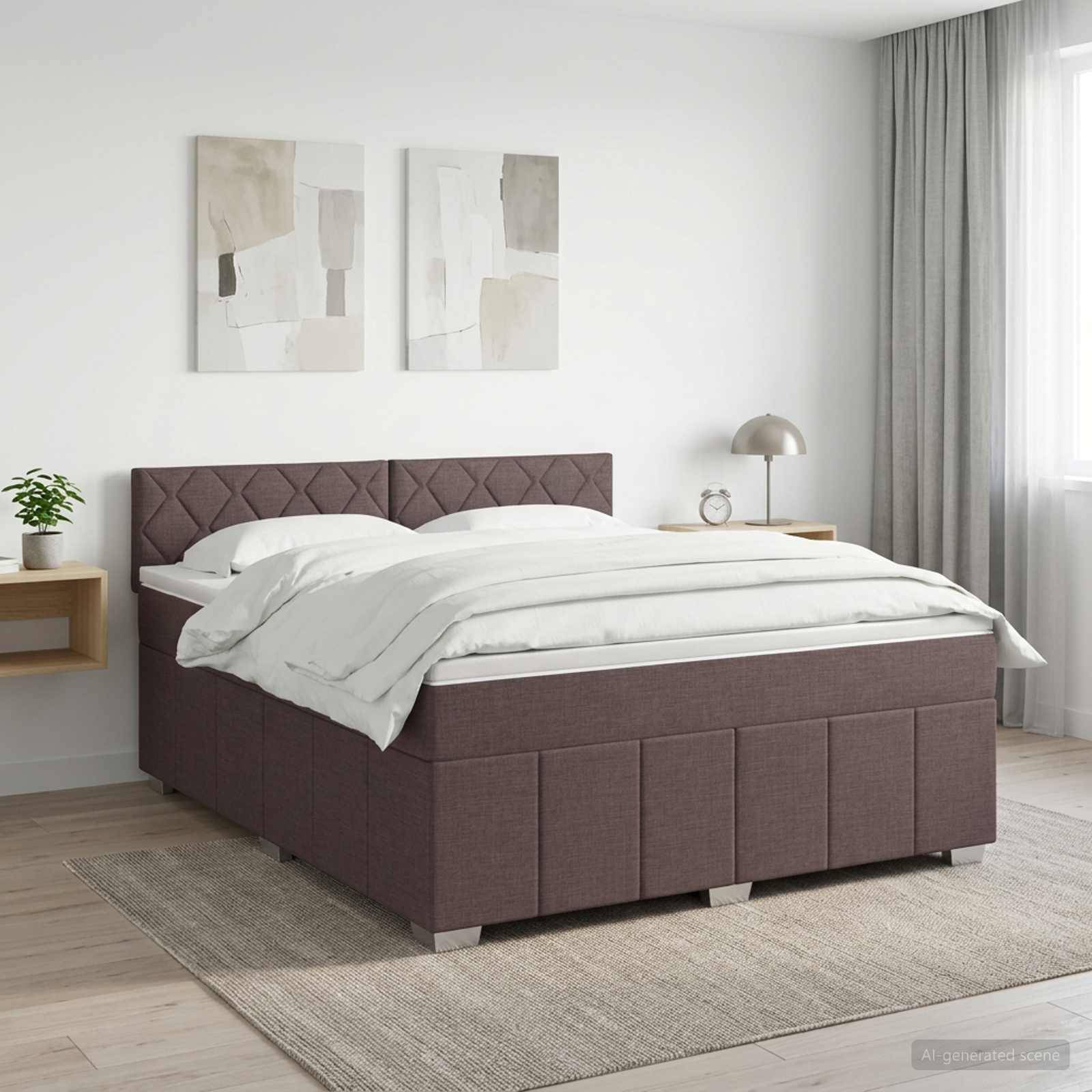 Modernes Schlafzimmer mit einem Doppelbett in einem malvefarbenen gepolsterten Rahmen, weißer Bettwäsche, Wandkunst, Nachttischen, einer Lampe und Vorhängen.