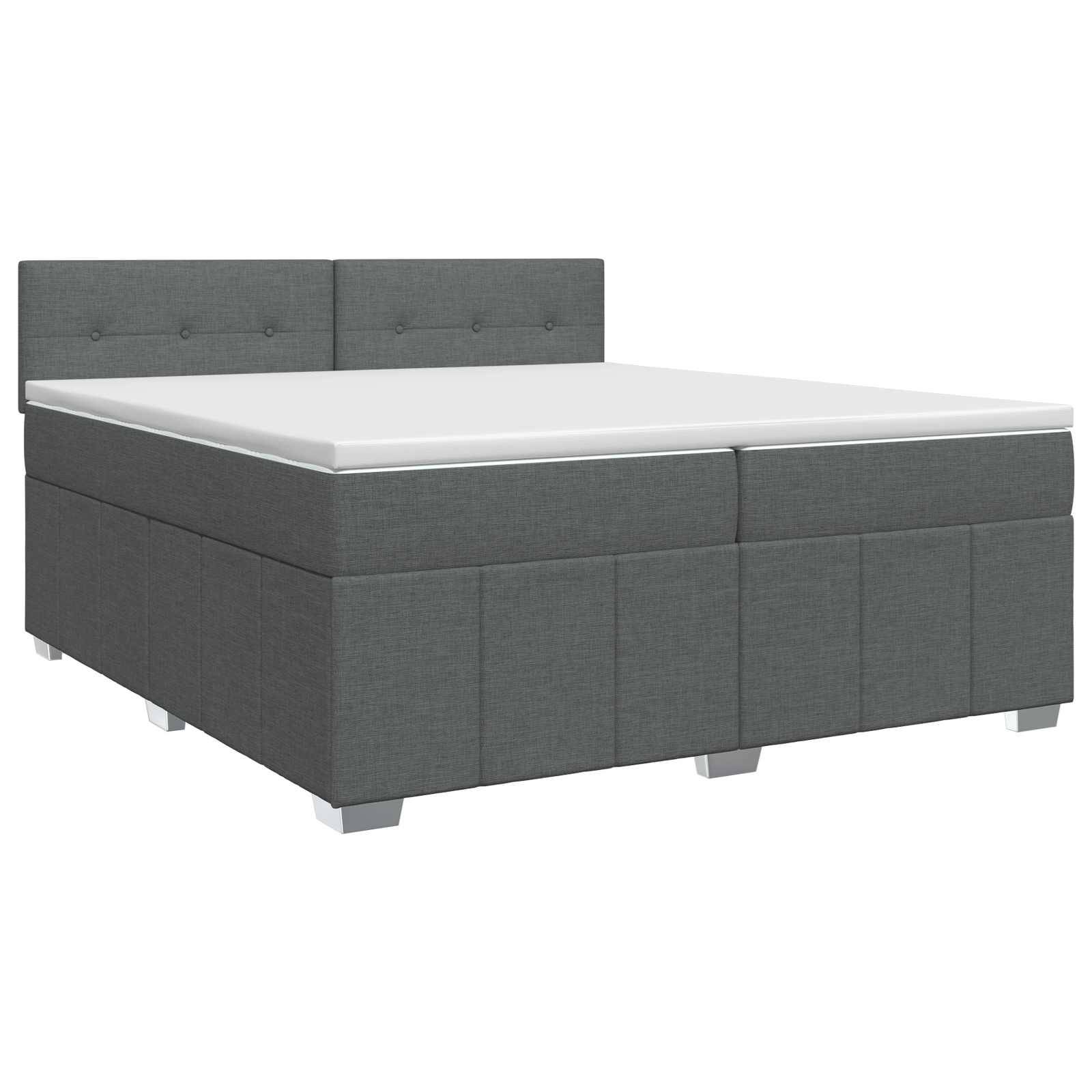 Grau gepolstertes Bett mit Kopfteil und weißer Matratze auf weißem Hintergrund.