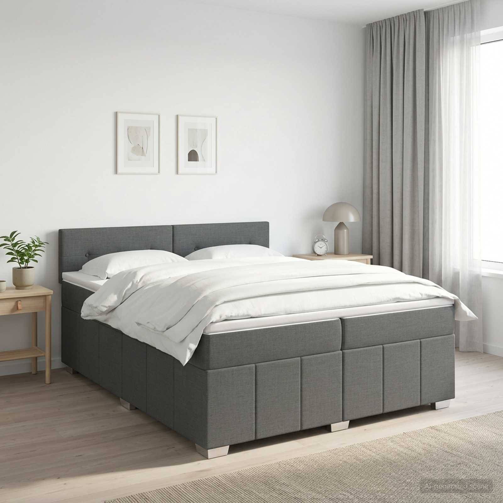 Modernes Schlafzimmer mit einem grau gepolsterten Bett, das mit weißer Bettwäsche bezogen ist, flankiert von Nachttischen, gerahmten Kunstwerken und weichen Vorhängen an einem hellen Fenster.