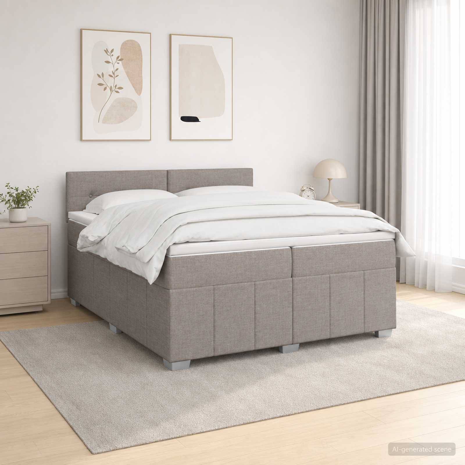 Modernes grau gepolstertes Bett in einem hellen minimalistischen Schlafzimmer mit weißer Bettwäsche, gerahmter Wandkunst, Nachttisch, Lampe und großem Teppich.