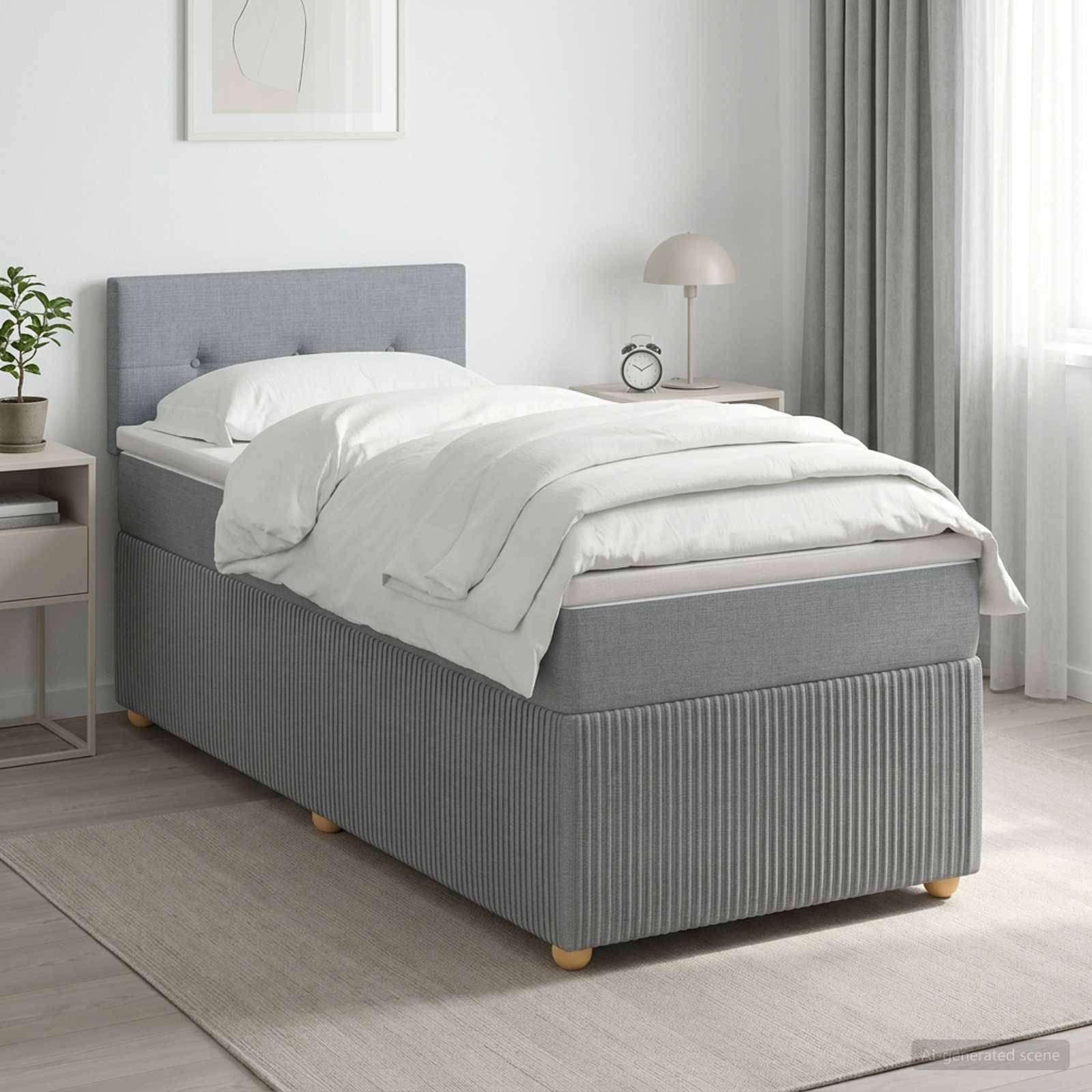 Grau gepolstertes Einzelbett mit weißer Bettwäsche in einem hellen, minimalistischen Schlafzimmer neben einem kleinen Nachttisch und einer Lampe.