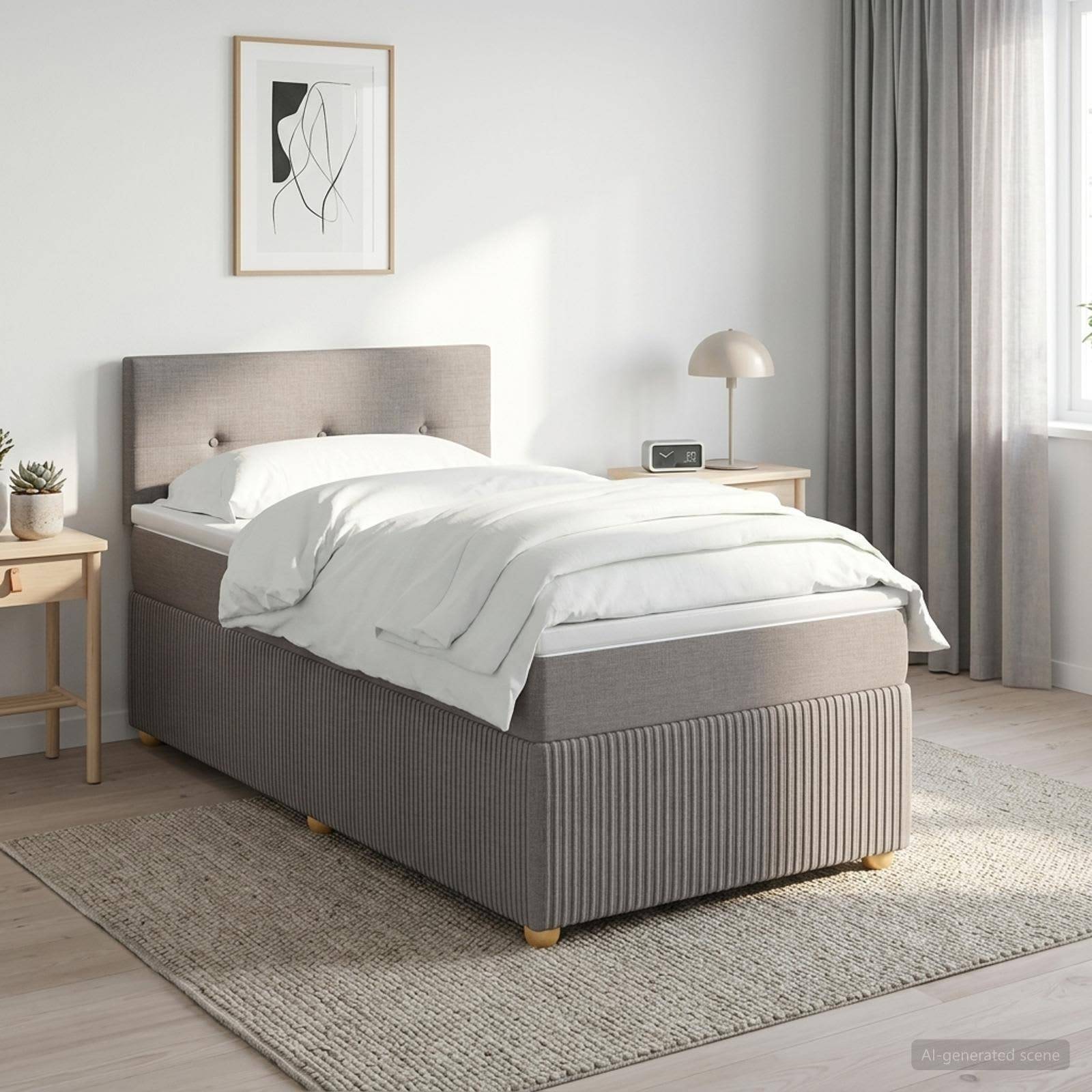 Sauber gestaltetes modernes Schlafzimmer mit grauem gepolstertem Bett, weißer Bettwäsche, Nachttischen, Lampe, gerahmter Kunst und Sonnenlicht durch Vorhänge.