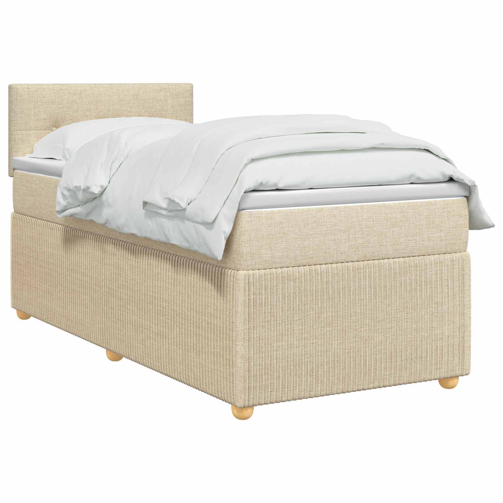 Beige gepolstertes Bett mit Kopfteil, weiße Bettwäsche und kurze Holzbeine, auf weißem Hintergrund gezeigt.