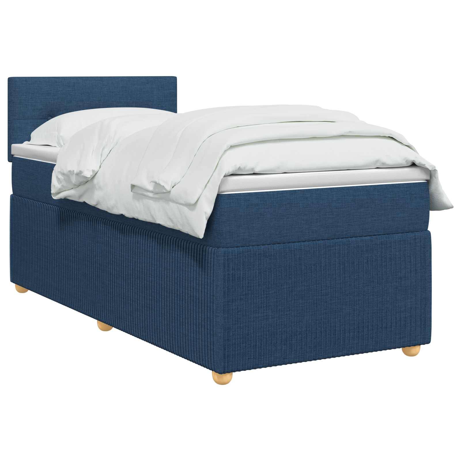 Einzelbett mit blauem Polsterstoff, weißer Bettwäsche und gepolstertem Kopfteil, vor weißem Hintergrund abgebildet.
