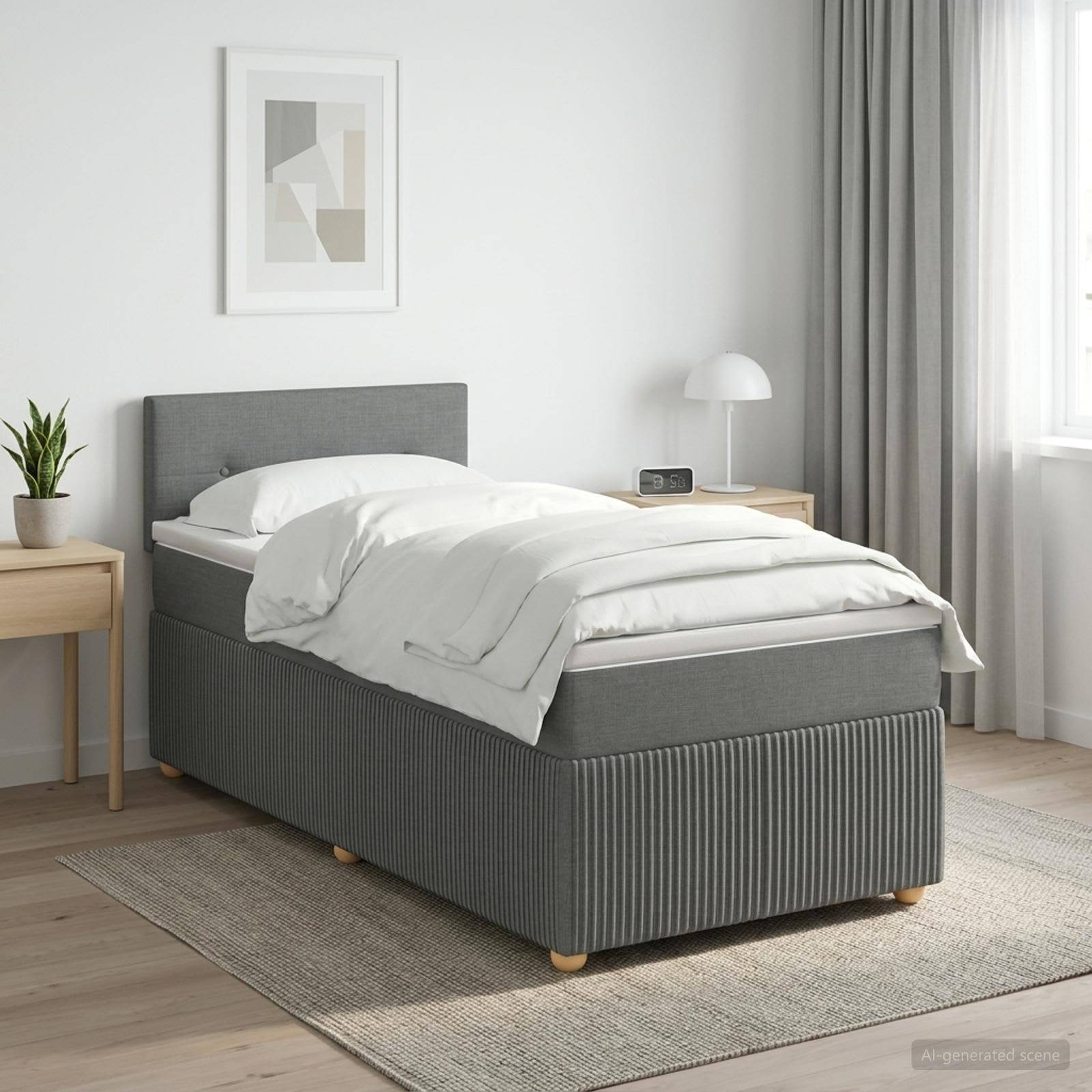 Ein ordentlich gemachtes Einzelbett in einem minimalistischen Schlafzimmer mit Nachttischen, Lampe, Pflanze, gerahmetem Wandbild, Vorhängen und einem Teppich.