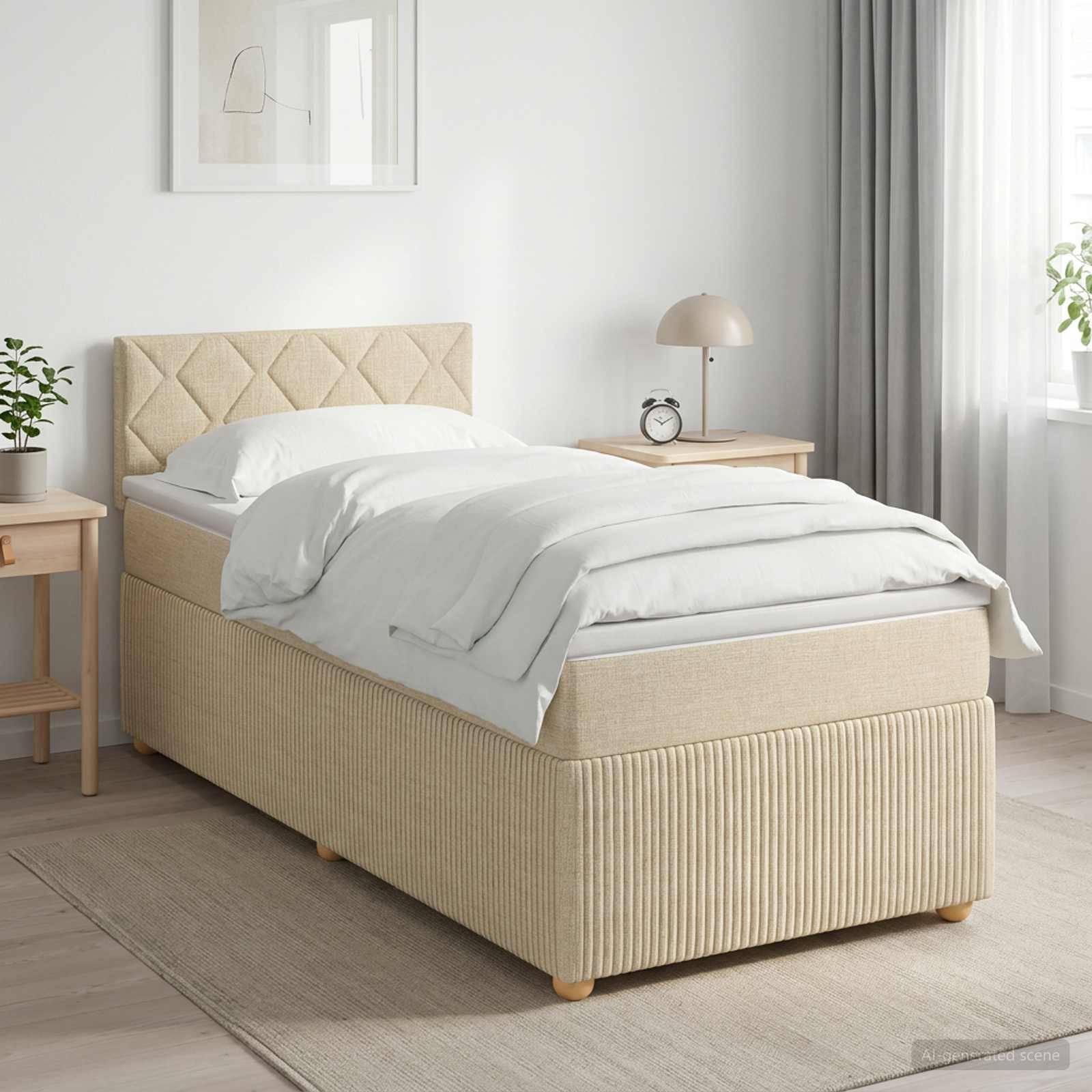 Beige gepolstertes Einzelbett mit gestepptem Kopfteil in einem hellen, minimalistischen Schlafzimmer, ausgestattet mit weißer Bettwäsche, Nachttischen und Lampen.