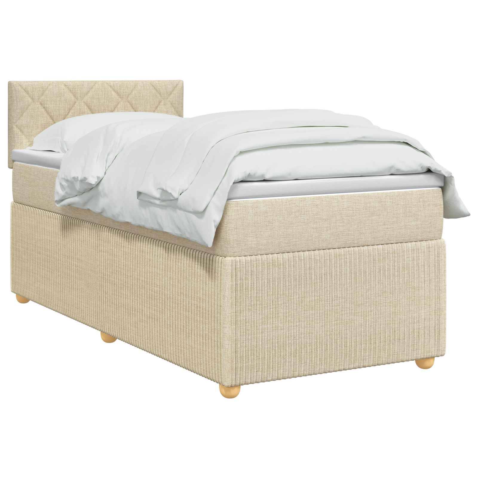 Beige gepolstertes Einzelbett mit gestepptem Kopfteil, weiße Bettwäsche und Holzbeine auf einem schlichten weißen Hintergrund.