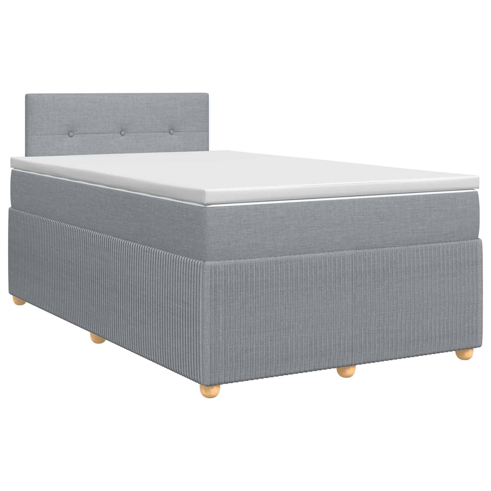 Grau gepolstertes Bett mit gepolstertem Kopfteil und Matratze auf einem einfachen weißen Hintergrund.