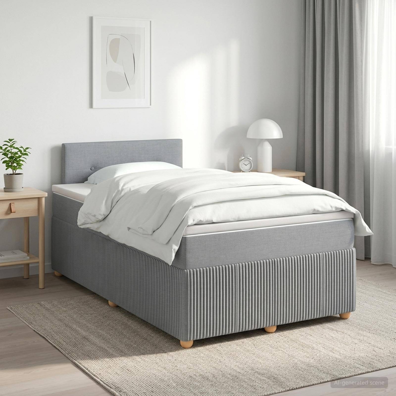 Modernes Schlafzimmer mit einem ordentlich gemachten grau gepolsterten Bett, weißer Bettwäsche, Nachttischen, Lampe, Pflanze, Bilderrahmen und Vorhängen.