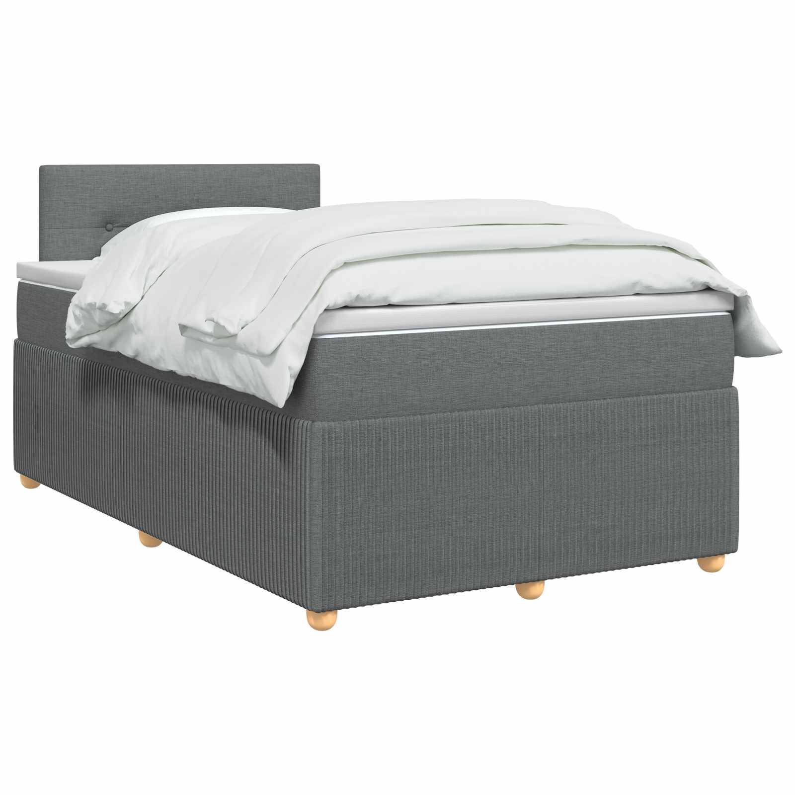 Grau gepolstertes Bett mit weißer Bettwäsche, dargestellt vor einem einfachen weißen Hintergrund.