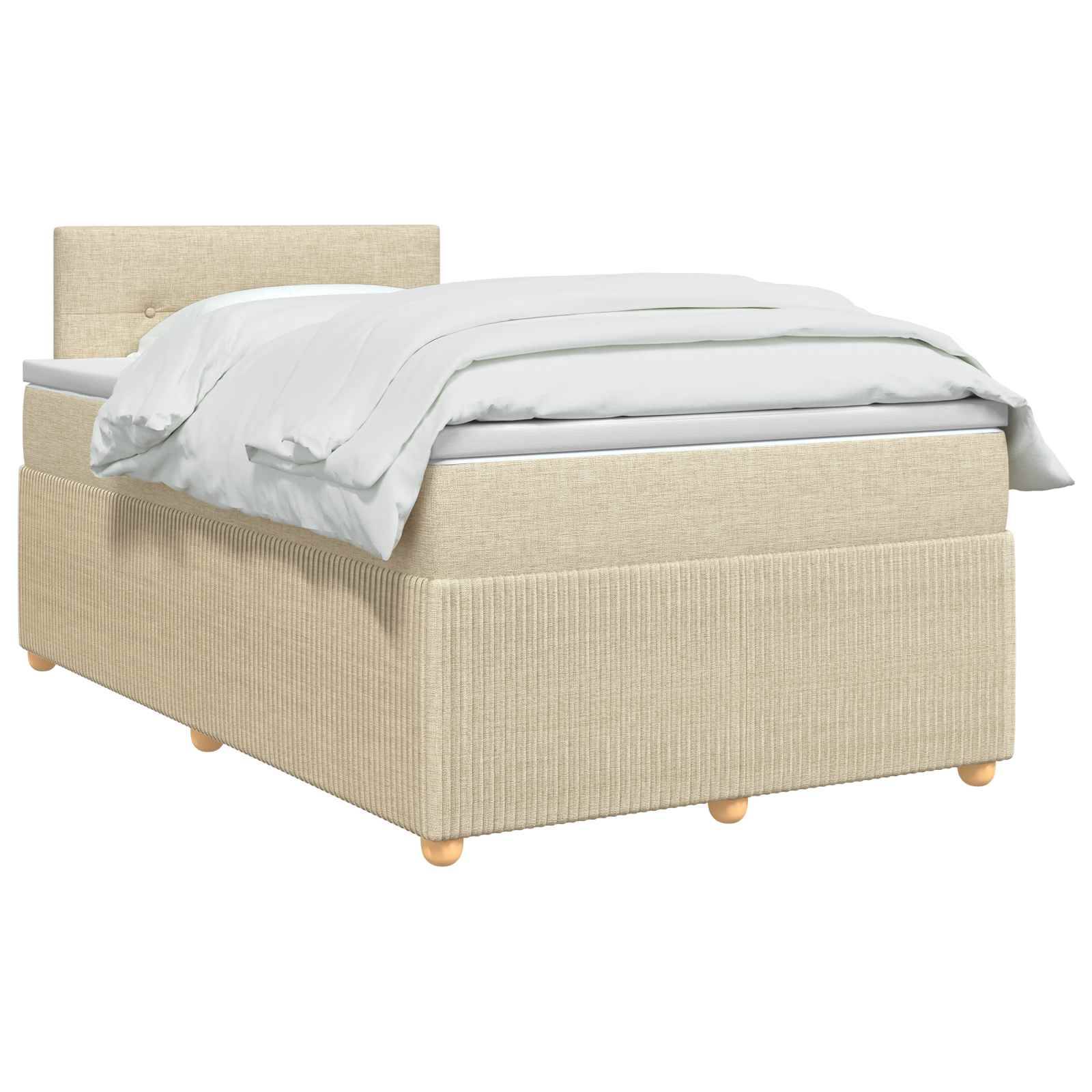 Beige gepolstertes Einzelbett mit weißer Bettwäsche auf einfachem weißem Hintergrund.