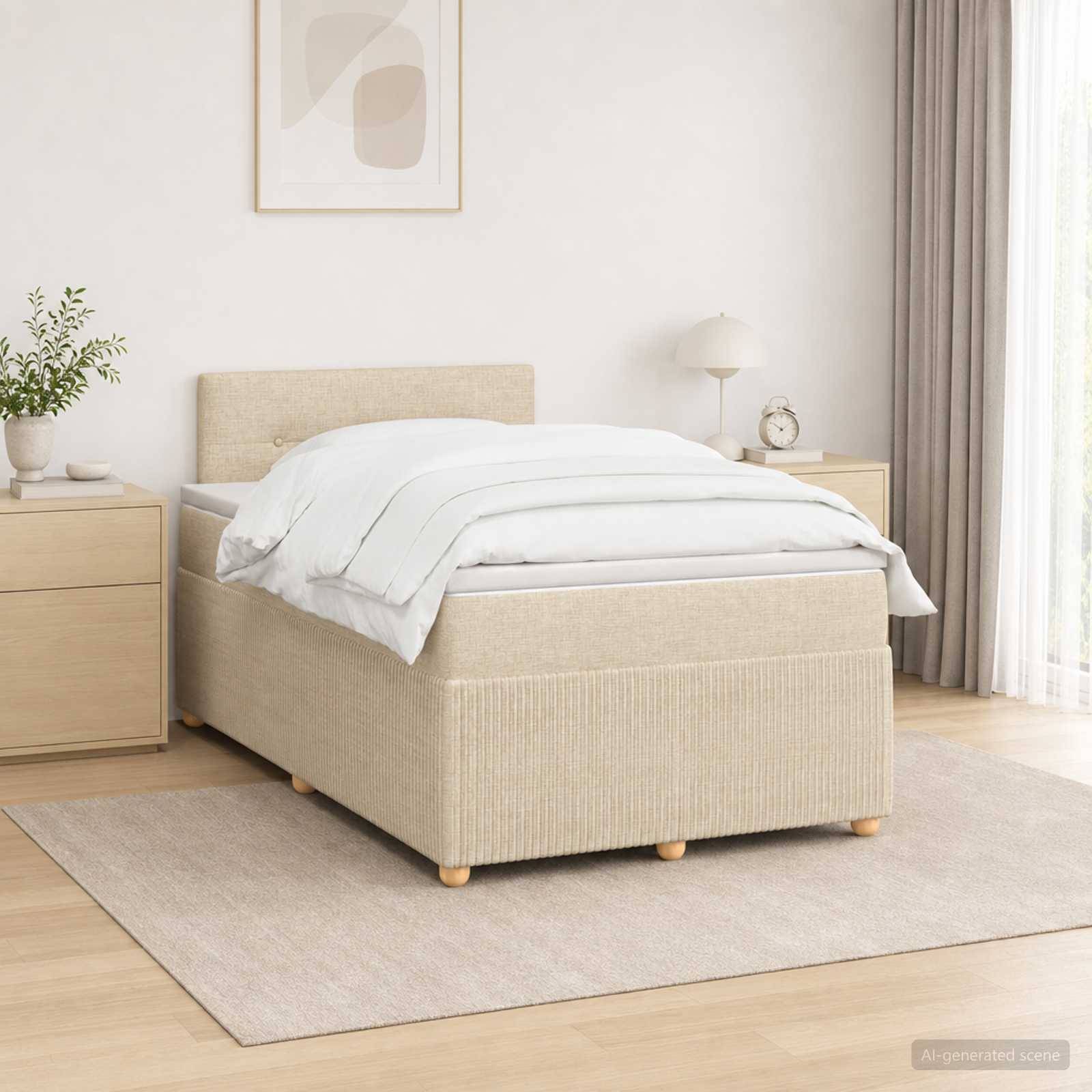 Minimalistisches beiges Schlafzimmer mit einem ordentlich gemachten gepolsterten Bett, Nachttischen, Lampe, Pflanze und hellem Teppich in weichem Naturlicht.