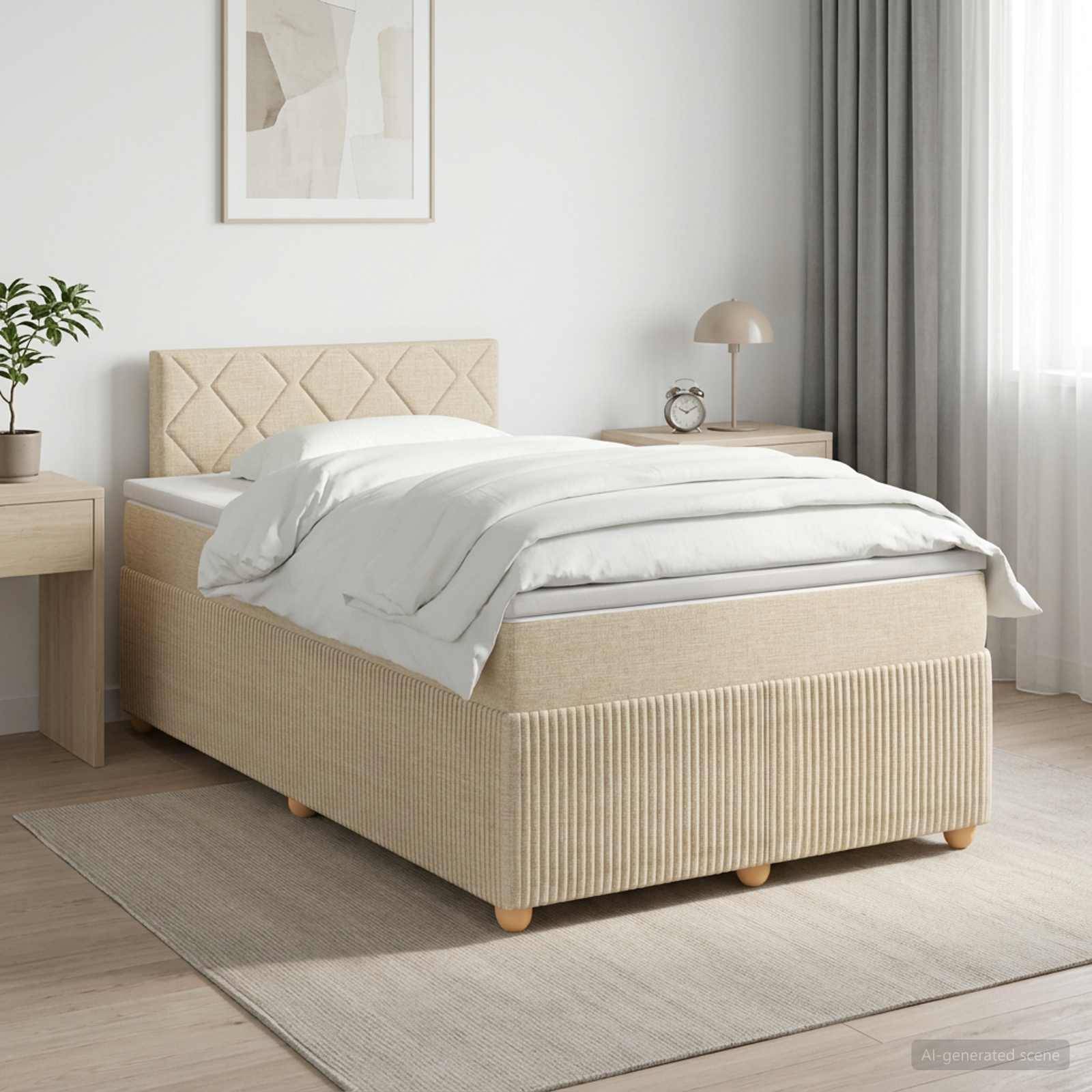 Minimales Bett mit beiger Polsterung und rautengestepptem Kopfteil in einem hellen, modernen Schlafzimmer, ausgestattet mit weißer Bettwäsche neben einem Nachttisch und einer Lampe.