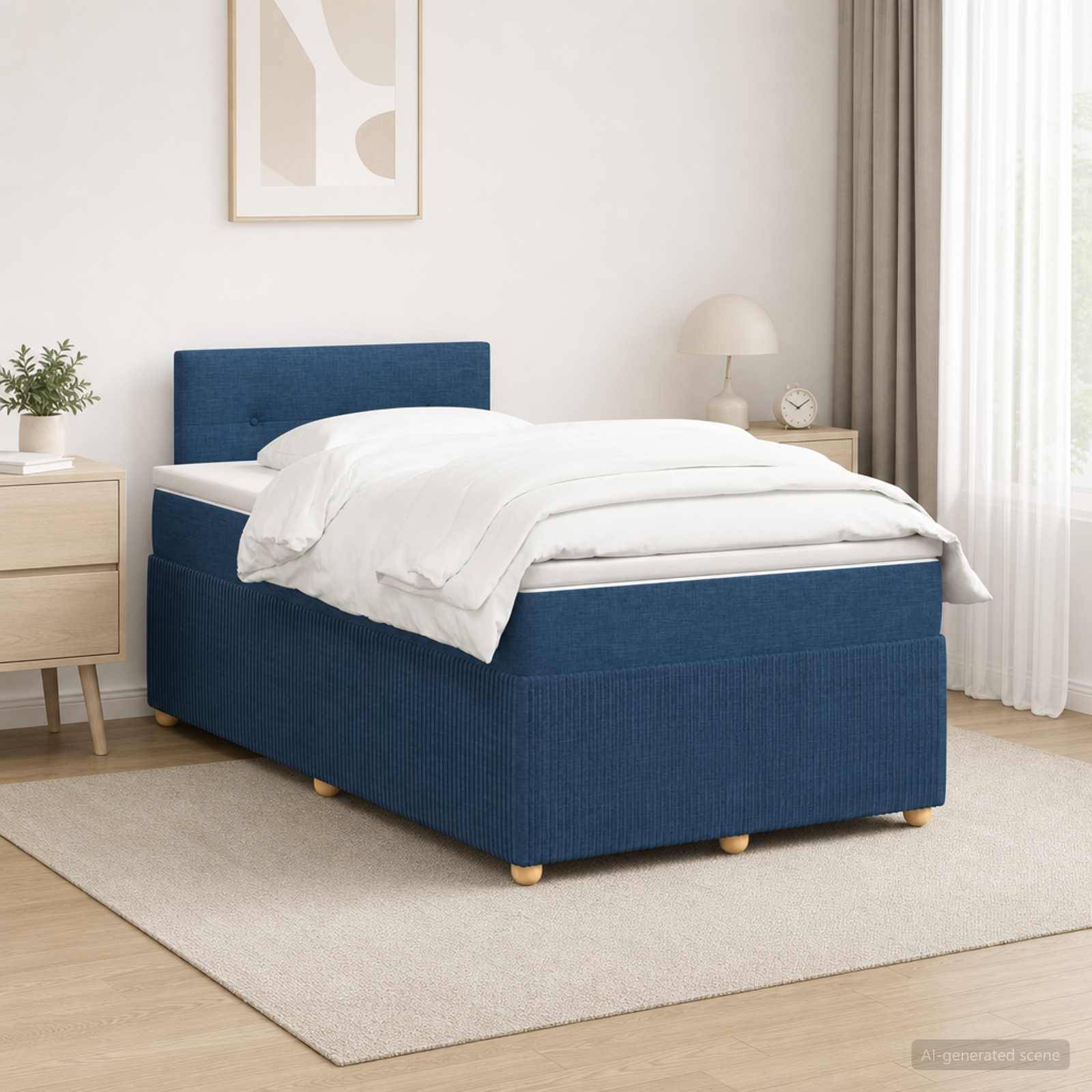 Blaupolstertes Bett mit weißer Bettwäsche in einem hellen, minimalistischen Schlafzimmer, flankiert von Nachttischen, Lampe und Pflanze.
