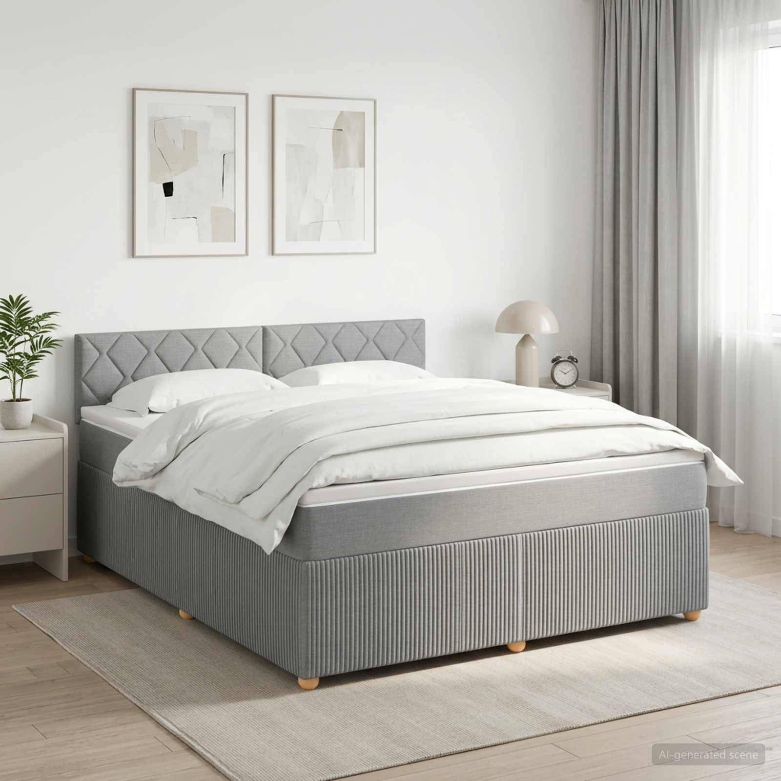 Modernes Schlafzimmer mit einem grau gepolsterten Bett, weißer Bettwäsche, Nachttisch, Lampe und gerahmtem Wandkunstwerk neben einem Fenster mit Vorhängen.