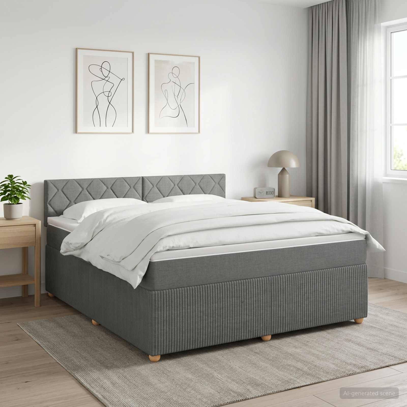 Modernes Schlafzimmer mit einem grau gepolsterten Bett, weißer Bettwäsche, zwei abstrakten gerahmten Drucken, Nachttischen, Lampe, Pflanze und Fenster mit Vorhängen.