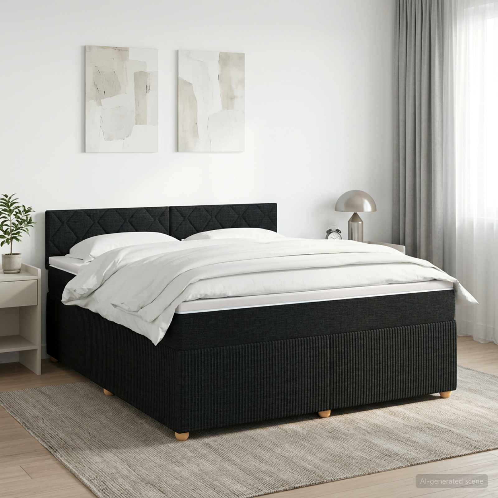 Modernes Schlafzimmer mit einem schwarz gepolsterten Bett, bezogen mit weißer Bettwäsche, neben einer Lampe und einem Nachttisch, mit abstrakter Wandkunst darüber und durchsichtigen Vorhängen bei einem hellen Fenster.