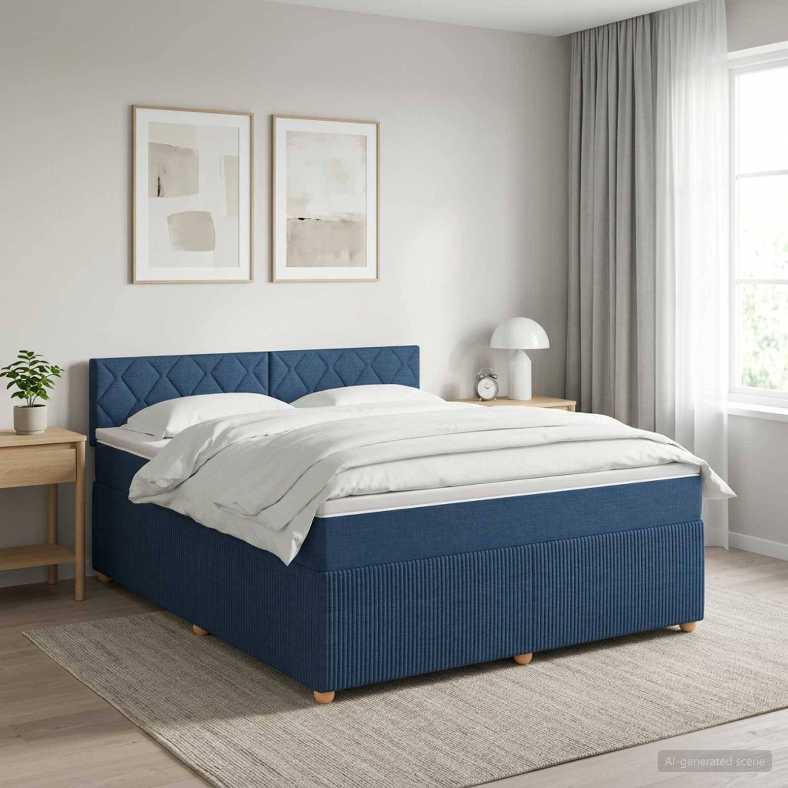 Ein sorgfältig gemachtes Bett mit blauer gepolsterter Basis und Kopfteil steht in einem hellen, minimalistischen Schlafzimmer mit weißer Bettwäsche, Nachttischen, gerahmter Kunst und einem Fenster mit Vorhängen.