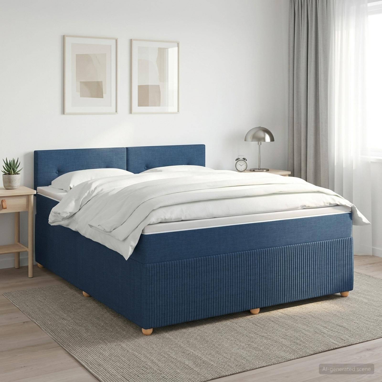 Bett mit blauem Polsterstoff und weißer Bettwäsche in einem hellen, minimalistischen Schlafzimmer, flankiert von einem Nachttisch und einer Lampe neben einem Fenster.