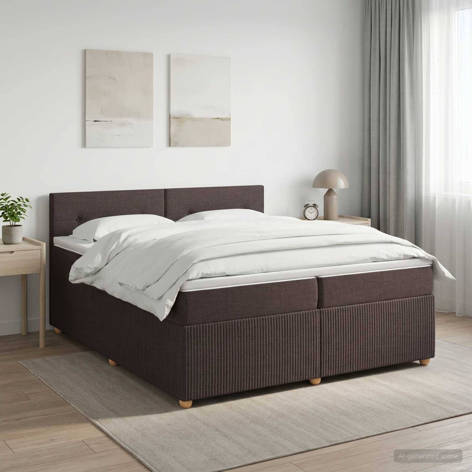 Modernes Schlafzimmer mit einem dunkel gepolsterten Bett, das mit weißer Bettwäsche bezogen ist, flankiert von einem Beistelltisch und einer Lampe, unter zwei abstrakten Wanddrucken.