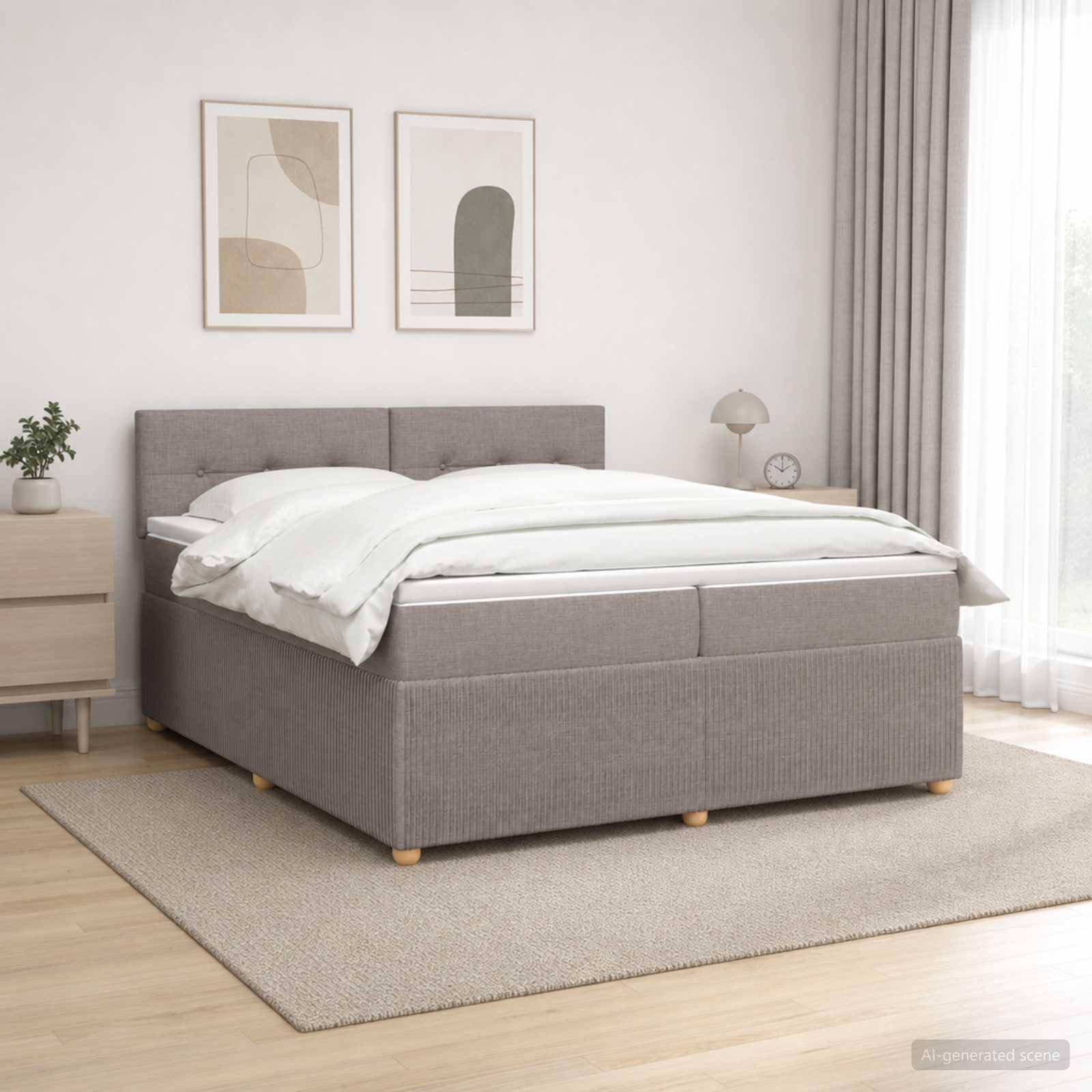 Grau gepolstertes Bett mit weißer Bettwäsche in einem minimalistischen Schlafzimmer, neben einem Nachttisch, einer Lampe, Wandkunst und durchscheinenden Vorhängen.