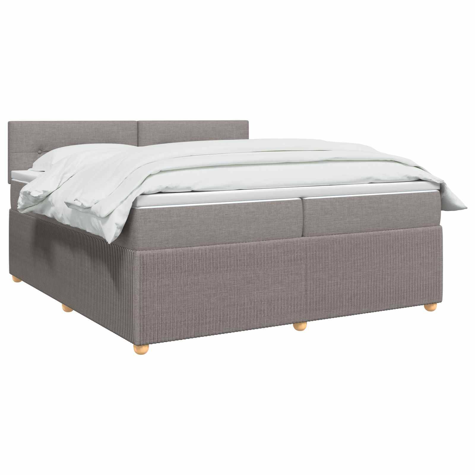 Grau gepolstertes Bett mit weißer Bettwäsche, shown auf einfachem weißem Hintergrund.