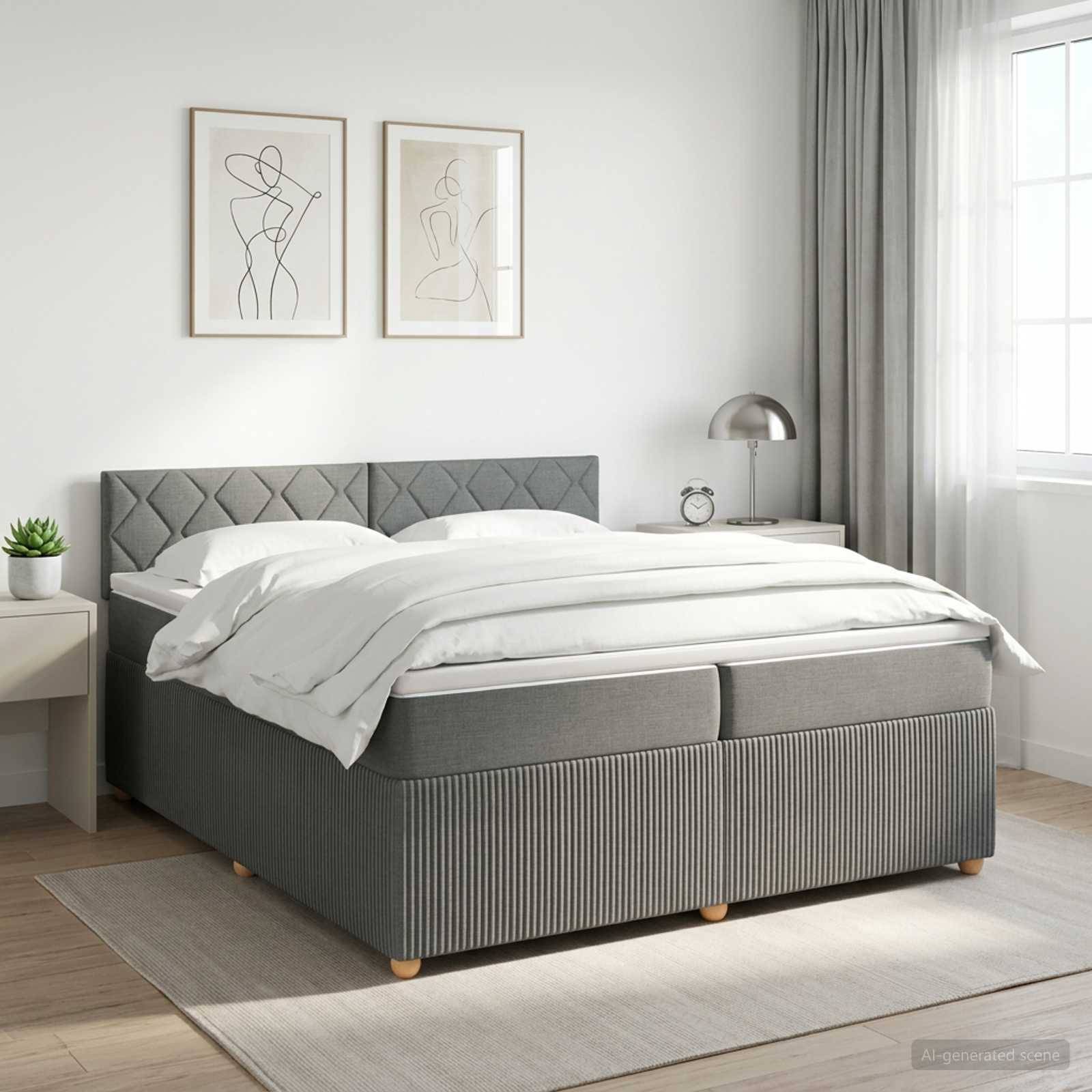 Helles modernes Schlafzimmer mit einem grau gepolsterten Bett, weißer Bettwäsche, gerahmten Linienzeichnungen, Nachttisch, Lampe und Fenster mit Vorhängen.