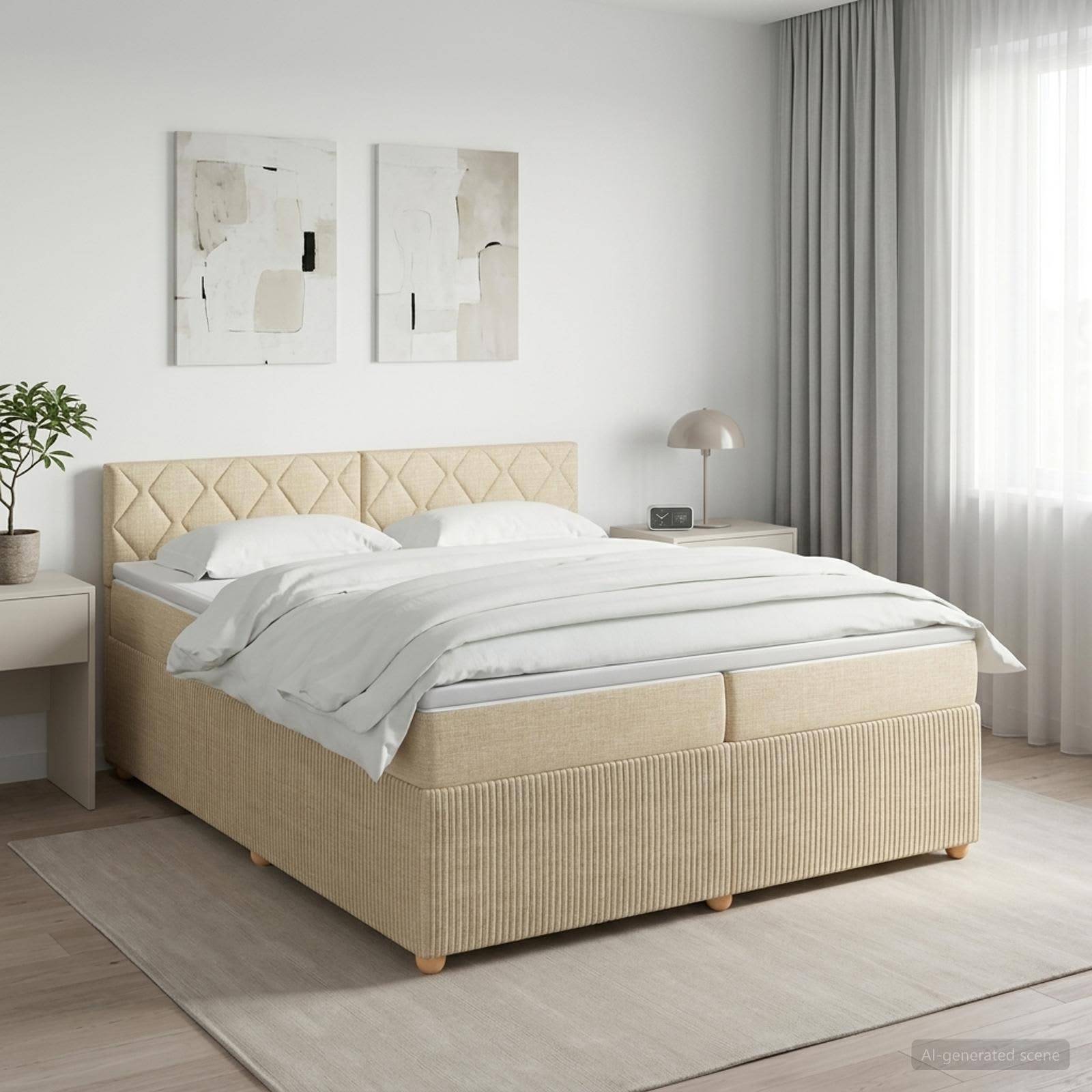 Ein beiges gepolstertes Bett mit weißer Bettwäsche in einem minimalistischen Schlafzimmer, neben einem Nachttisch, einer Lampe und transparenten Vorhängen.