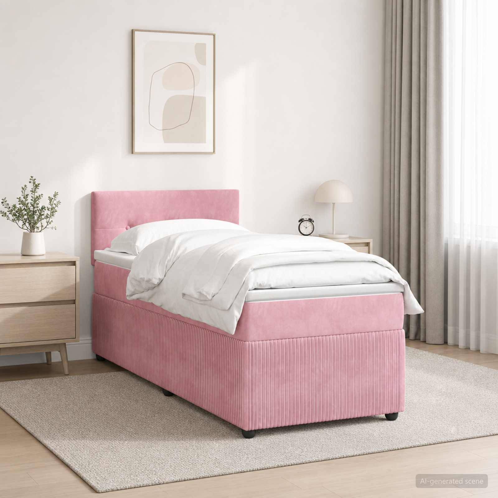 Rosafarbenes gepolstertes Einzelbett in einem minimalistischen Schlafzimmer mit weißer Bettwäsche, Nachttischen, Lampe, Pflanze und gerahmter Wandkunst.