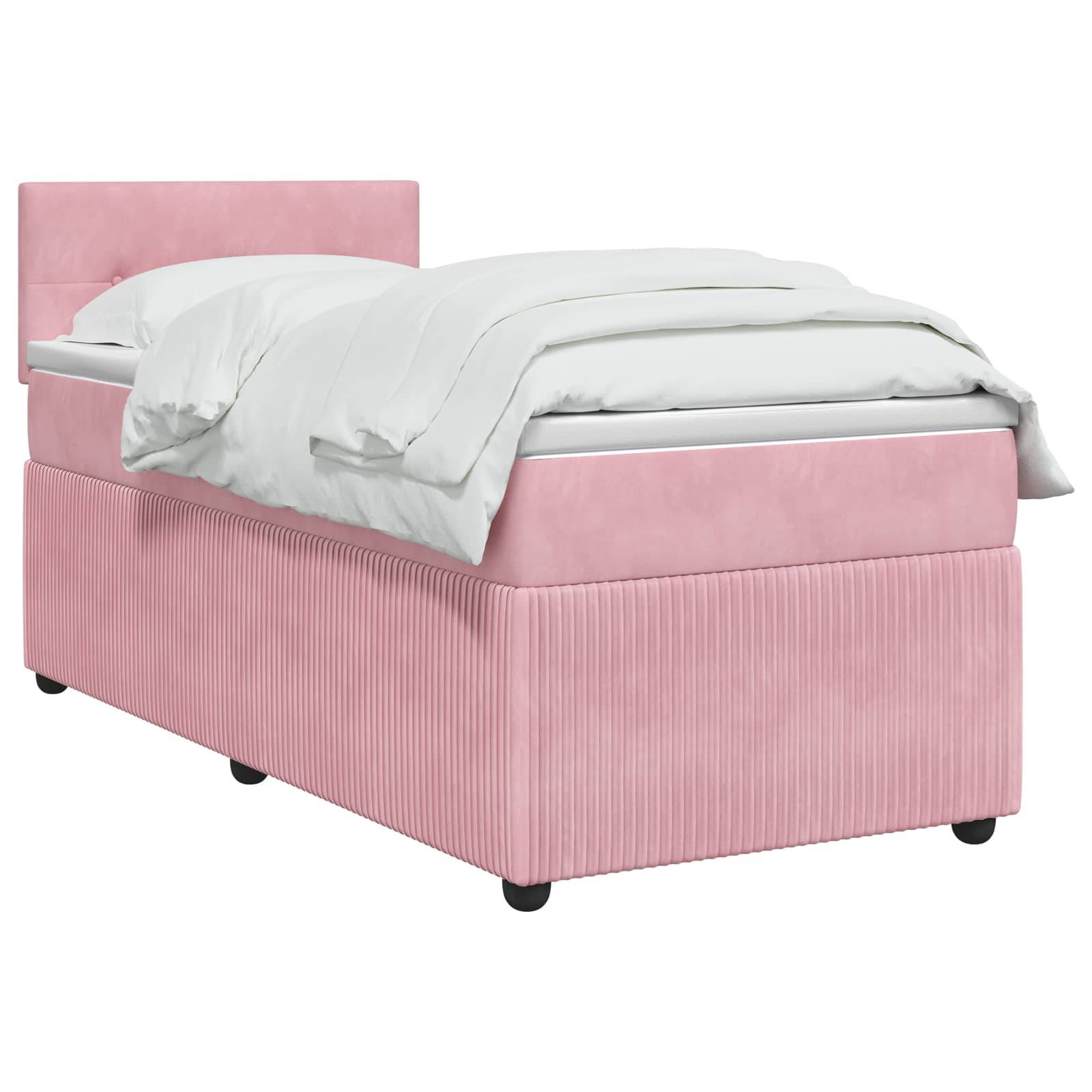 Rosa gepolstertes Einzelbett mit Kopfteil, weiße Bettwäsche und schwarze Füße auf einfachem weißem Hintergrund.
