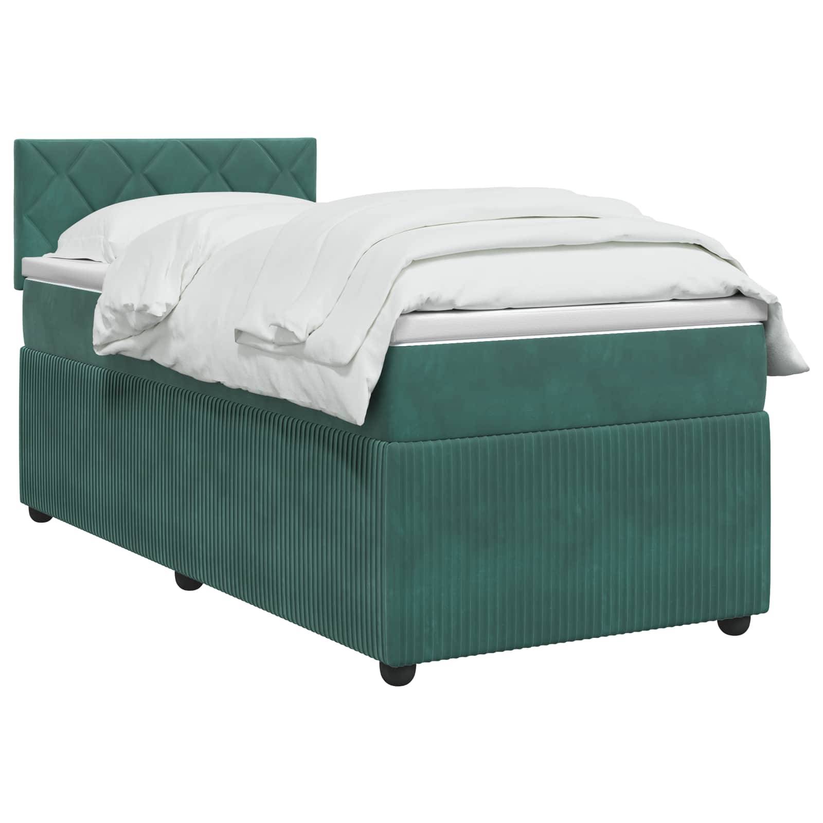 Bett mit Einzelliegefläche, bezogen in Teal, mit gestepptem Kopfteil und weißer Bettwäsche auf weißem Hintergrund.