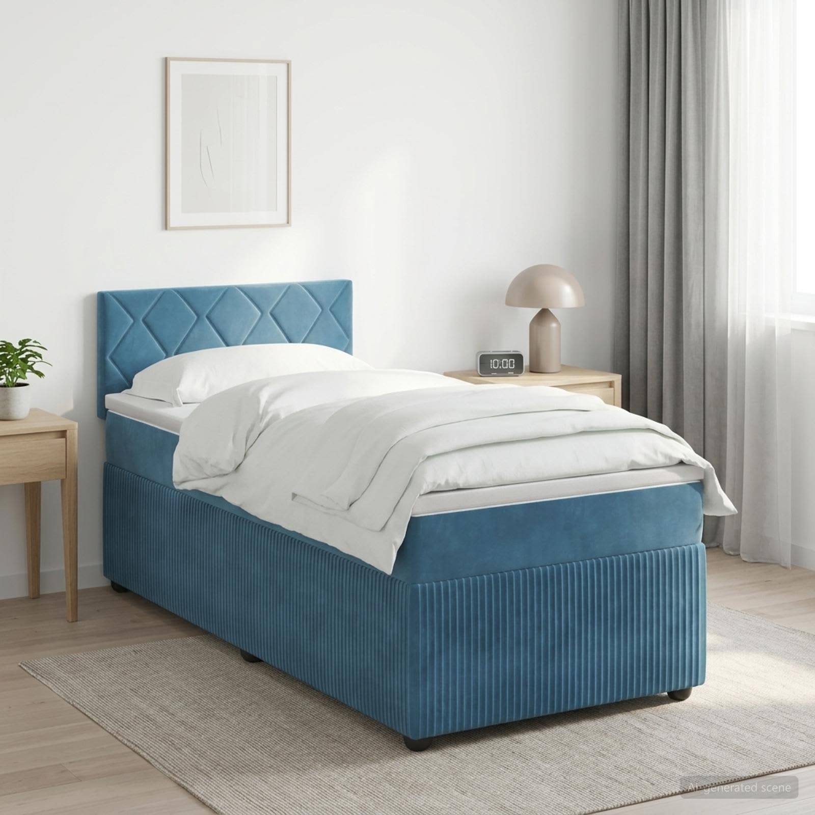 Blaues gepolstertes Einzelbett mit weißer Bettwäsche in einem hellen minimalistischen Schlafzimmer, flankiert von kleinen Nachttischen und Vorhängen.